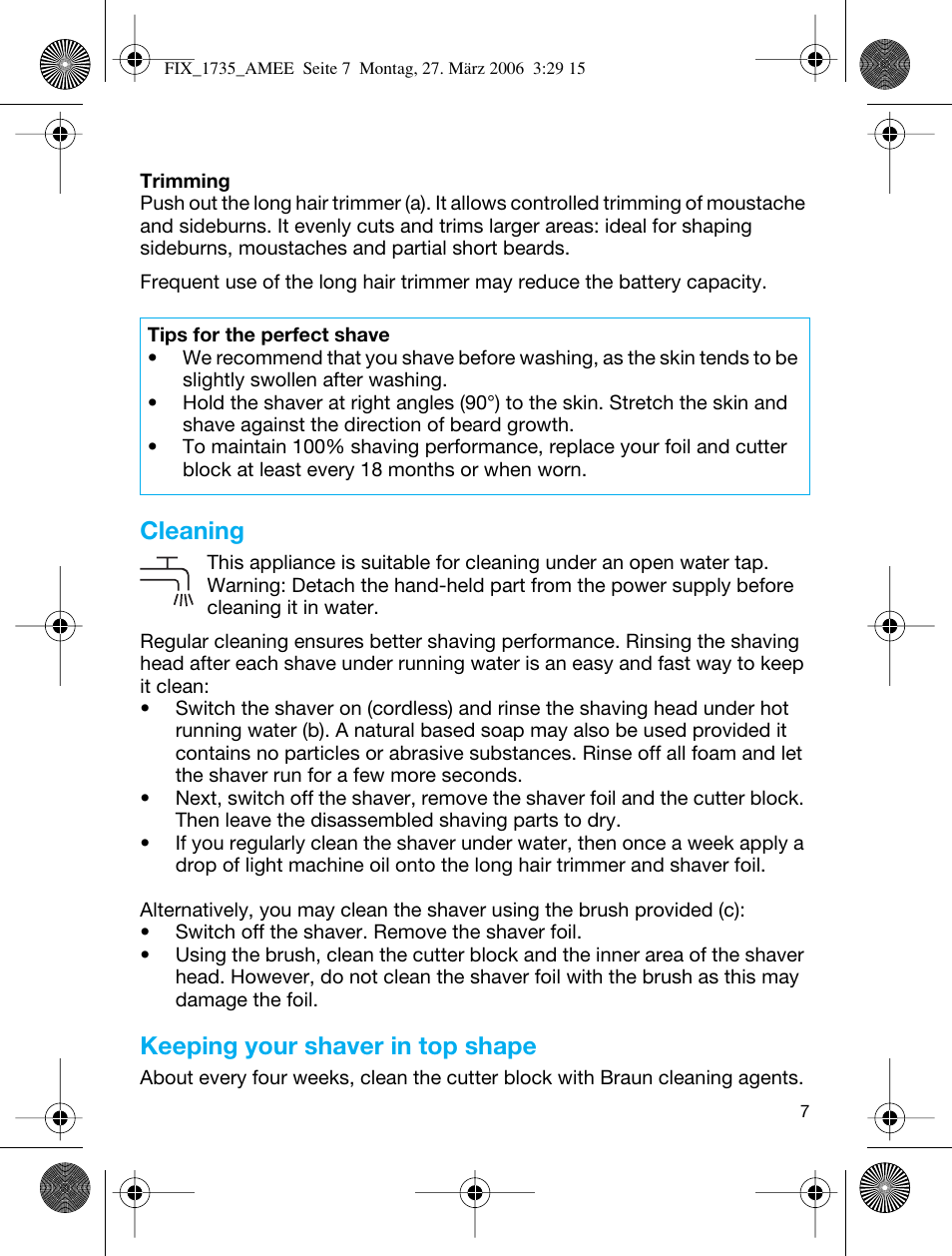 Cleaning, Keeping your shaver in top shape | Braun 1735 User Manual | Page 6 / 53