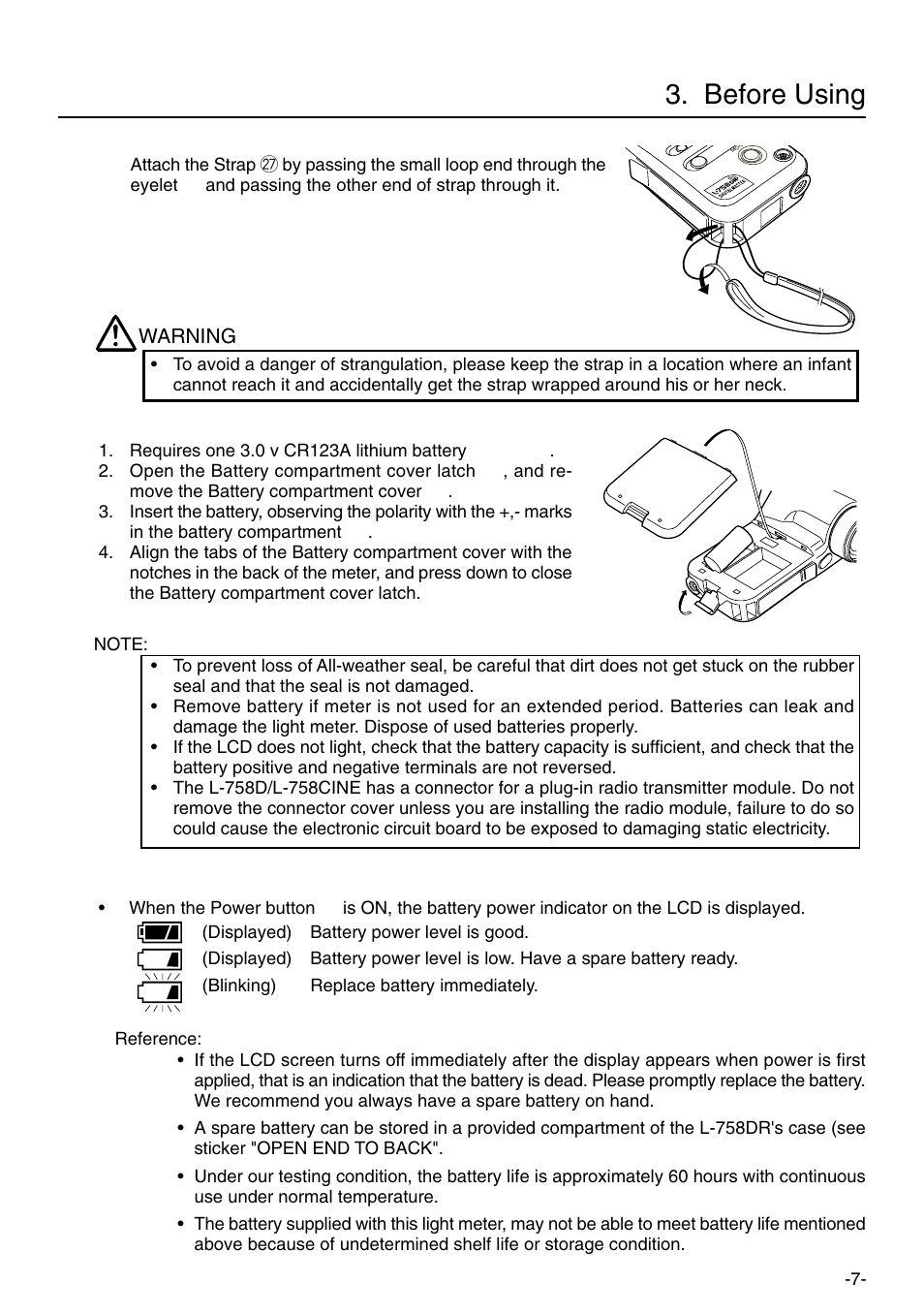 Before using, Warning | Sekonic L-758DR User Manual | Page 13 / 68