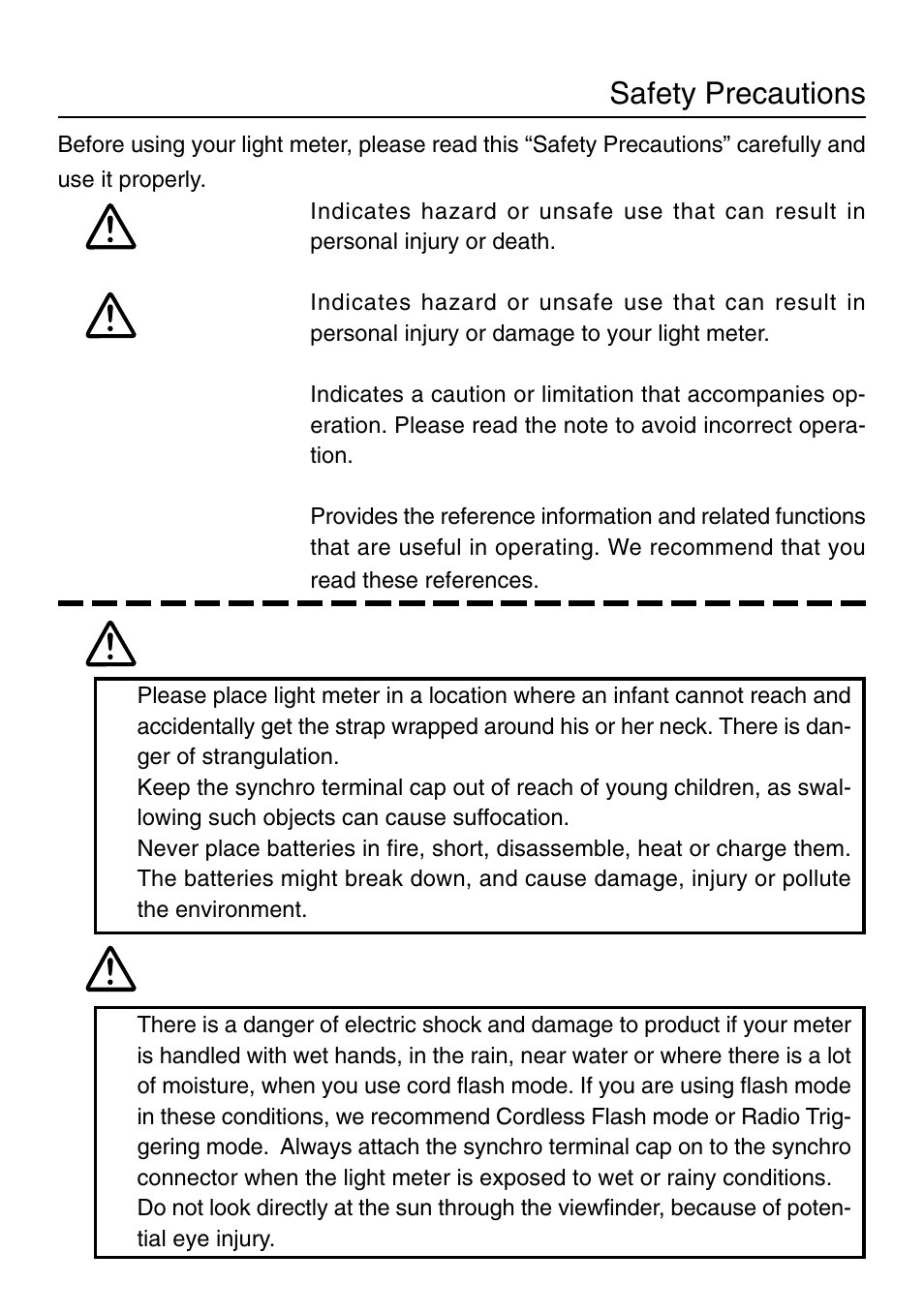 Warning caution warning caution, Safety precautions | Sekonic L-758DR User Manual | Page 3 / 68