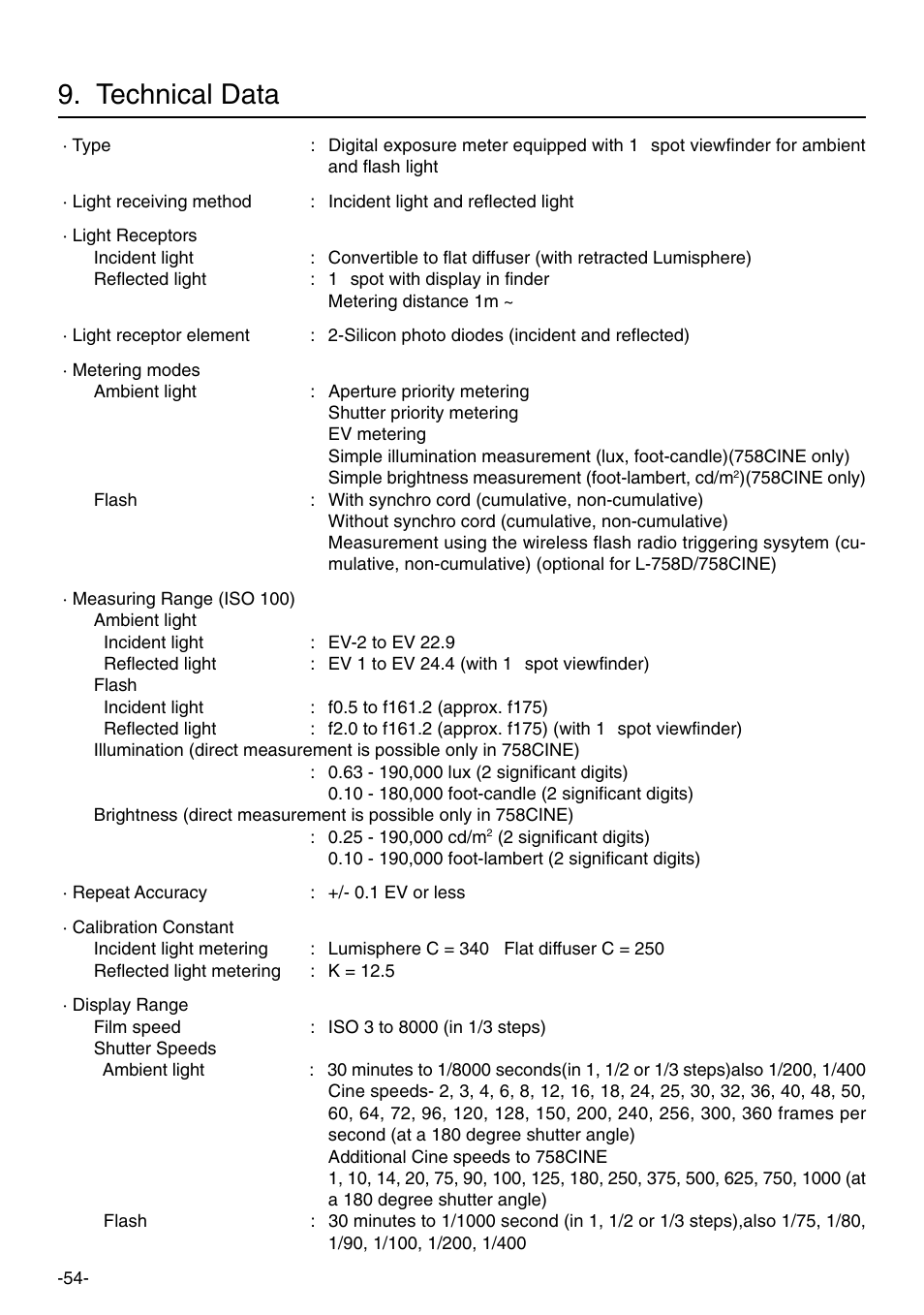 Technical data | Sekonic L-758DR User Manual | Page 60 / 68