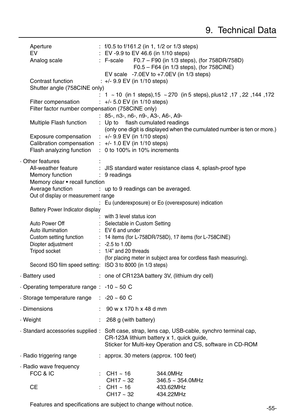 Technical data | Sekonic L-758DR User Manual | Page 61 / 68