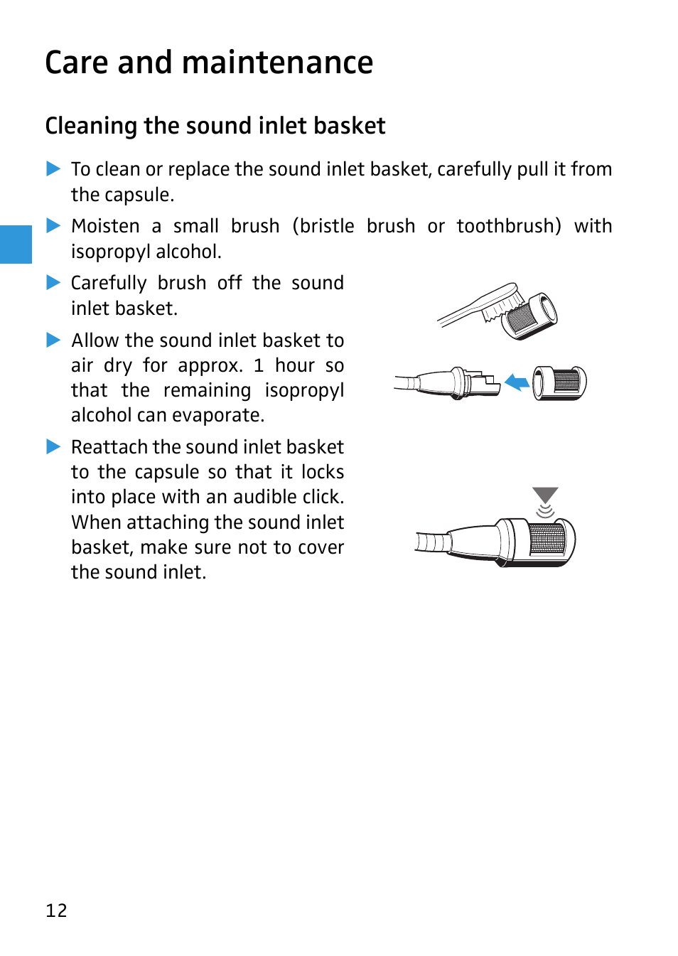 Care and maintenance, Cleaning the sound inlet basket | Sennheiser 504233 User Manual | Page 13 / 23