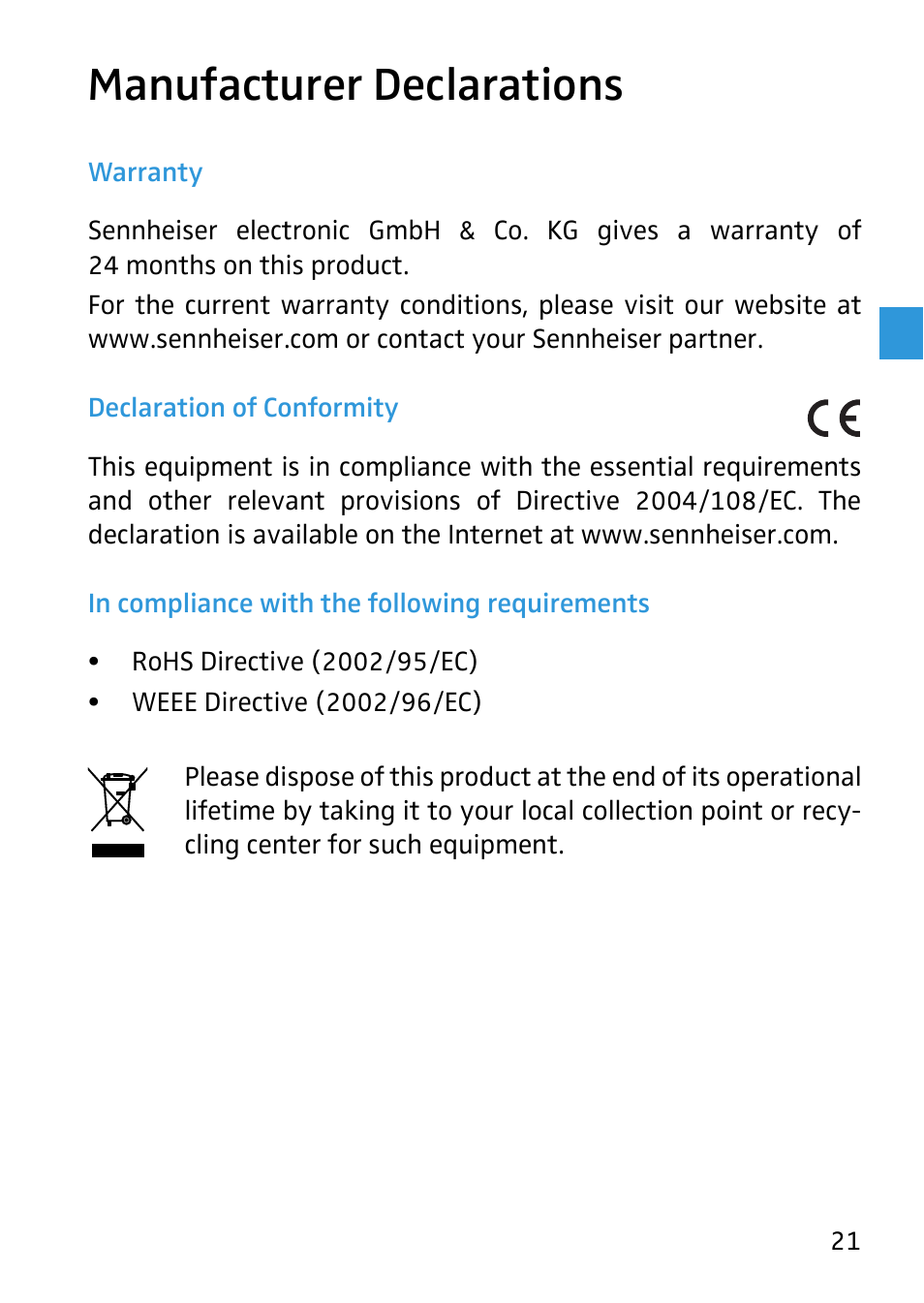 Manufacturer declarations | Sennheiser 504233 User Manual | Page 22 / 23