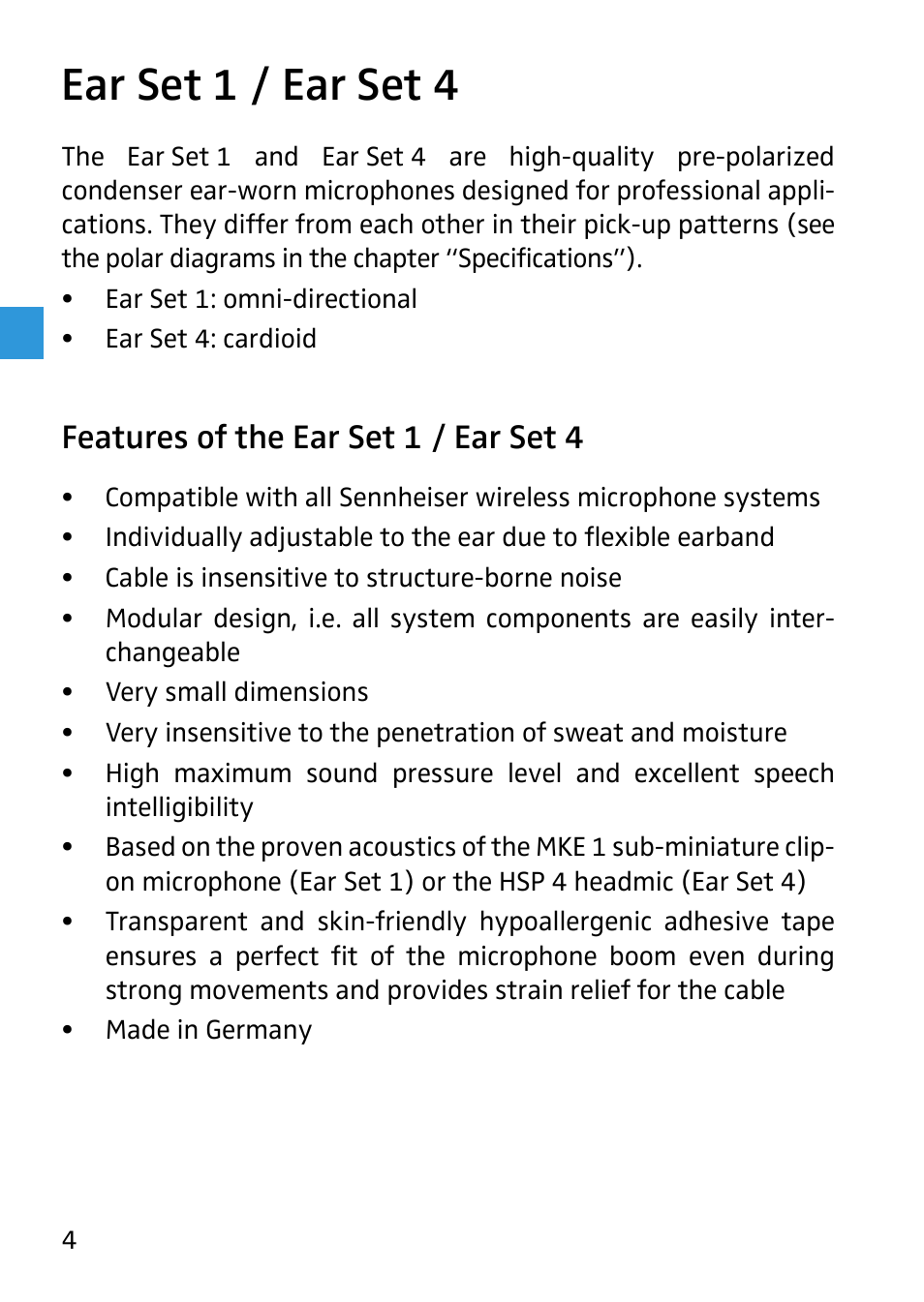 Ear set 1 / ear set 4, Features of the ear set 1 / ear set 4 | Sennheiser 504233 User Manual | Page 5 / 23