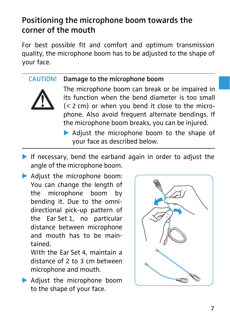 Positioning the microphone boom towards the corner, Of the mouth | Sennheiser 504233 User Manual | Page 8 / 23