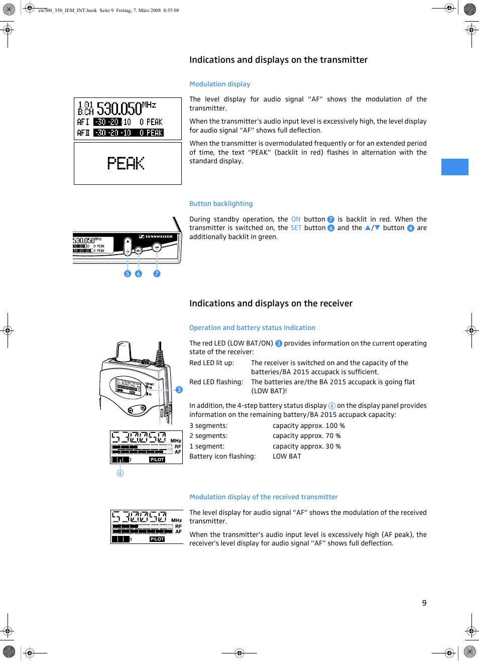 Indications and displays on the transmitter, Modulation display, Button backlighting | Indications and displays on the receiver, Operation and battery status indication, Modulation display of the received transmitter | Sennheiser W300 IEM User Manual | Page 11 / 46