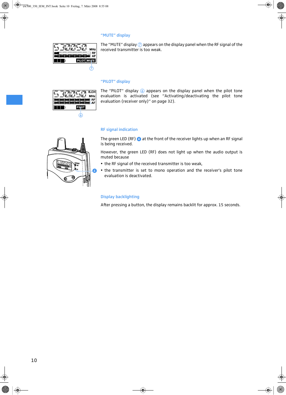 Mute” display, Pilot” display, Rf signal indication | Display backlighting | Sennheiser W300 IEM User Manual | Page 12 / 46