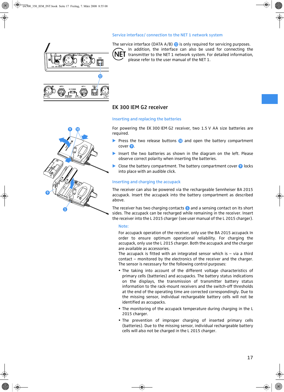 Ek 300 iem g2 receiver, Inserting and replacing the batteries, Inserting and charging the accupack | Sennheiser W300 IEM User Manual | Page 19 / 46