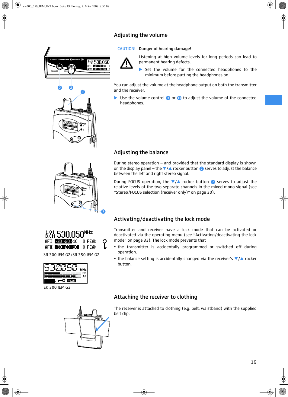Adjusting the volume, Adjusting the balance, Activating/deactivating the lock mode | Attaching the receiver to clothing | Sennheiser W300 IEM User Manual | Page 21 / 46