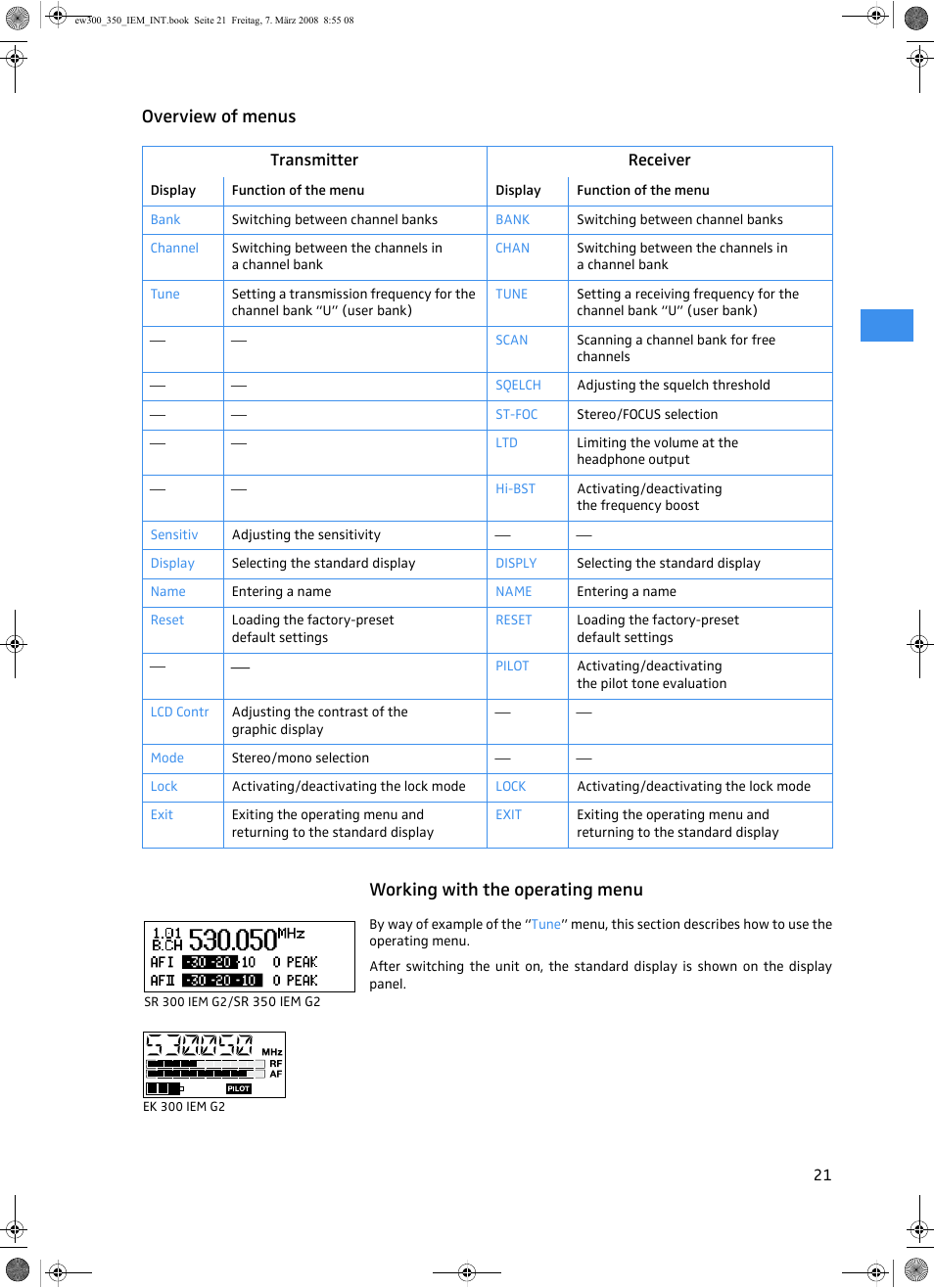 Overview of menus, Working with the operating menu, Overview of menus working with the operating menu | Sennheiser W300 IEM User Manual | Page 23 / 46