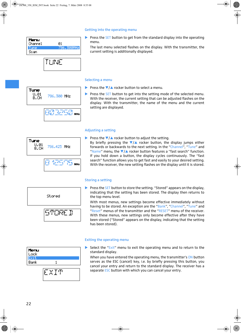 Getting into the operating menu, Selecting a menu, Adjusting a setting | Storing a setting, Exiting the operating menu | Sennheiser W300 IEM User Manual | Page 24 / 46