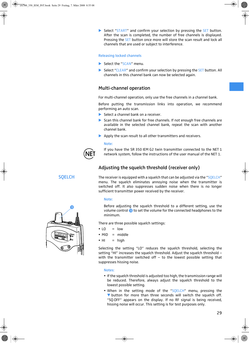 Releasing locked channels, Multi-channel operation, Adjusting the squelch threshold (receiver only) | Sennheiser W300 IEM User Manual | Page 31 / 46
