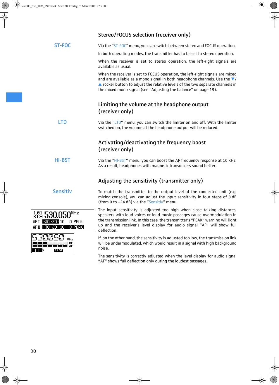 Stereo/focus selection (receiver only), Adjusting the sensitivity (transmitter only) | Sennheiser W300 IEM User Manual | Page 32 / 46