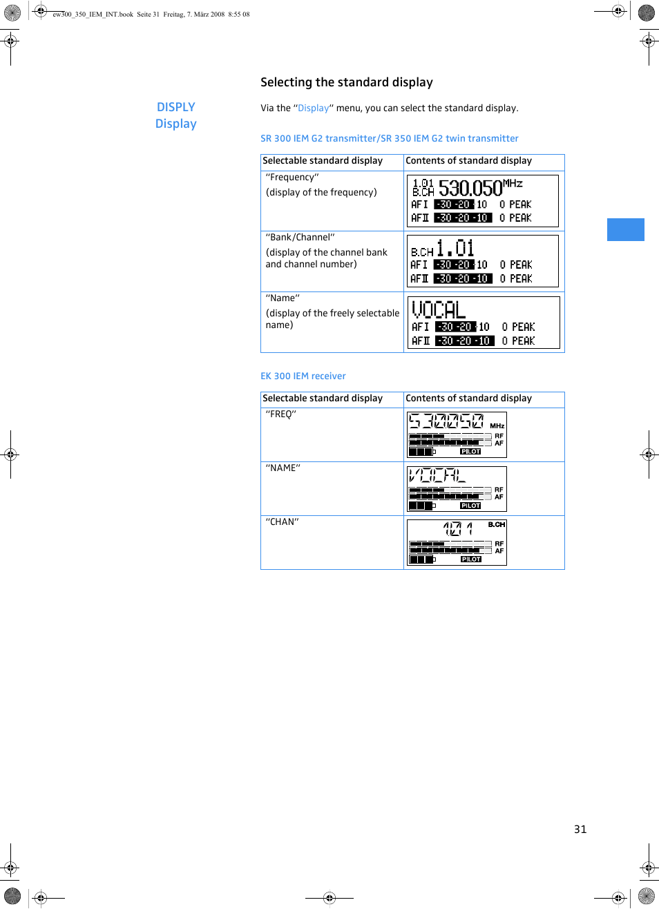 Selecting the standard display, Ek 300 iem receiver, Selecting the standard display disply display | Sennheiser W300 IEM User Manual | Page 33 / 46