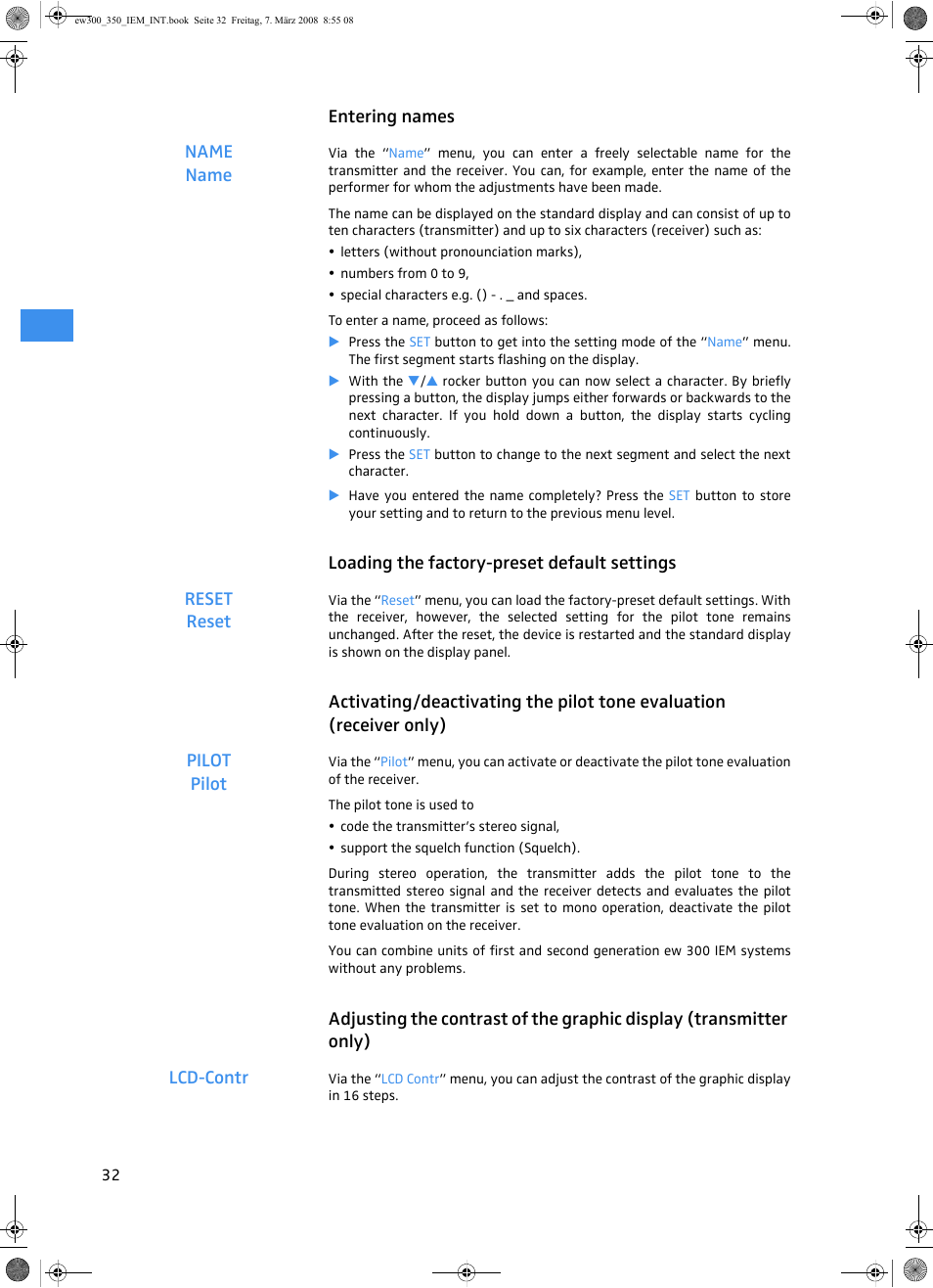 Entering names, Loading the factory-preset default settings | Sennheiser W300 IEM User Manual | Page 34 / 46