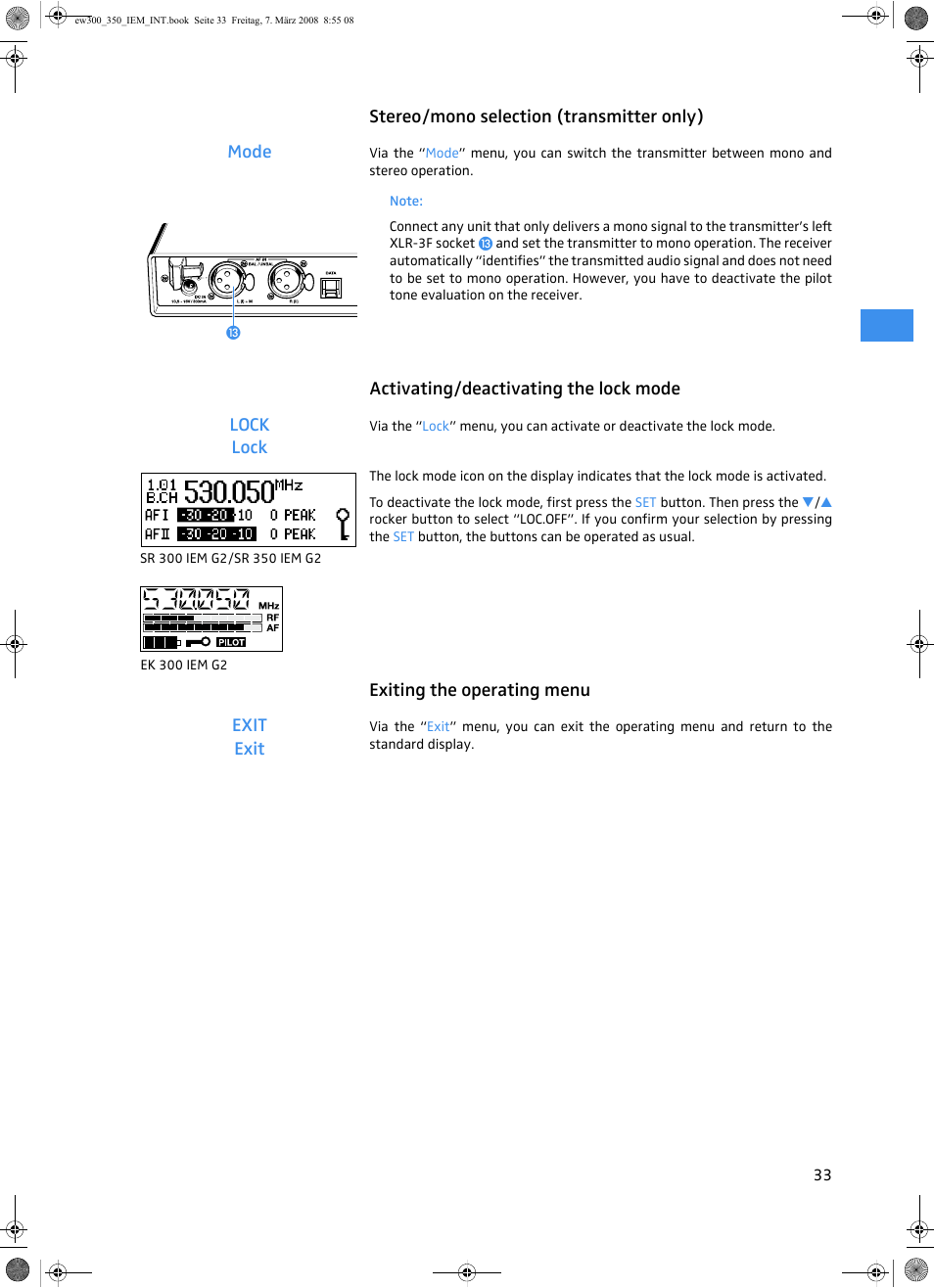 Stereo/mono selection (transmitter only), Activating/deactivating the lock mode, Exiting the operating menu | Sennheiser W300 IEM User Manual | Page 35 / 46