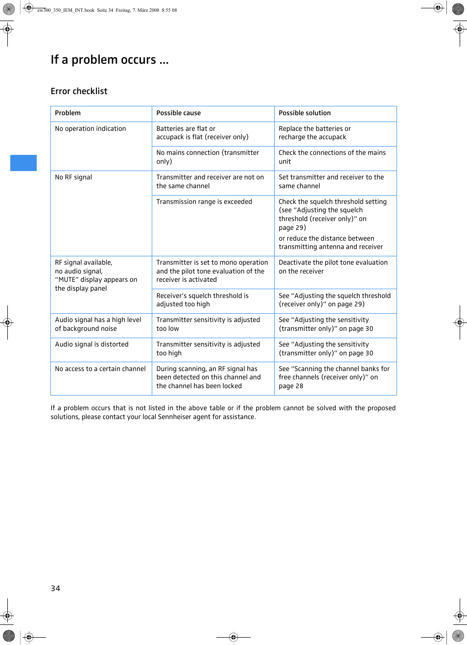 If a problem occurs, Error checklist | Sennheiser W300 IEM User Manual | Page 36 / 46