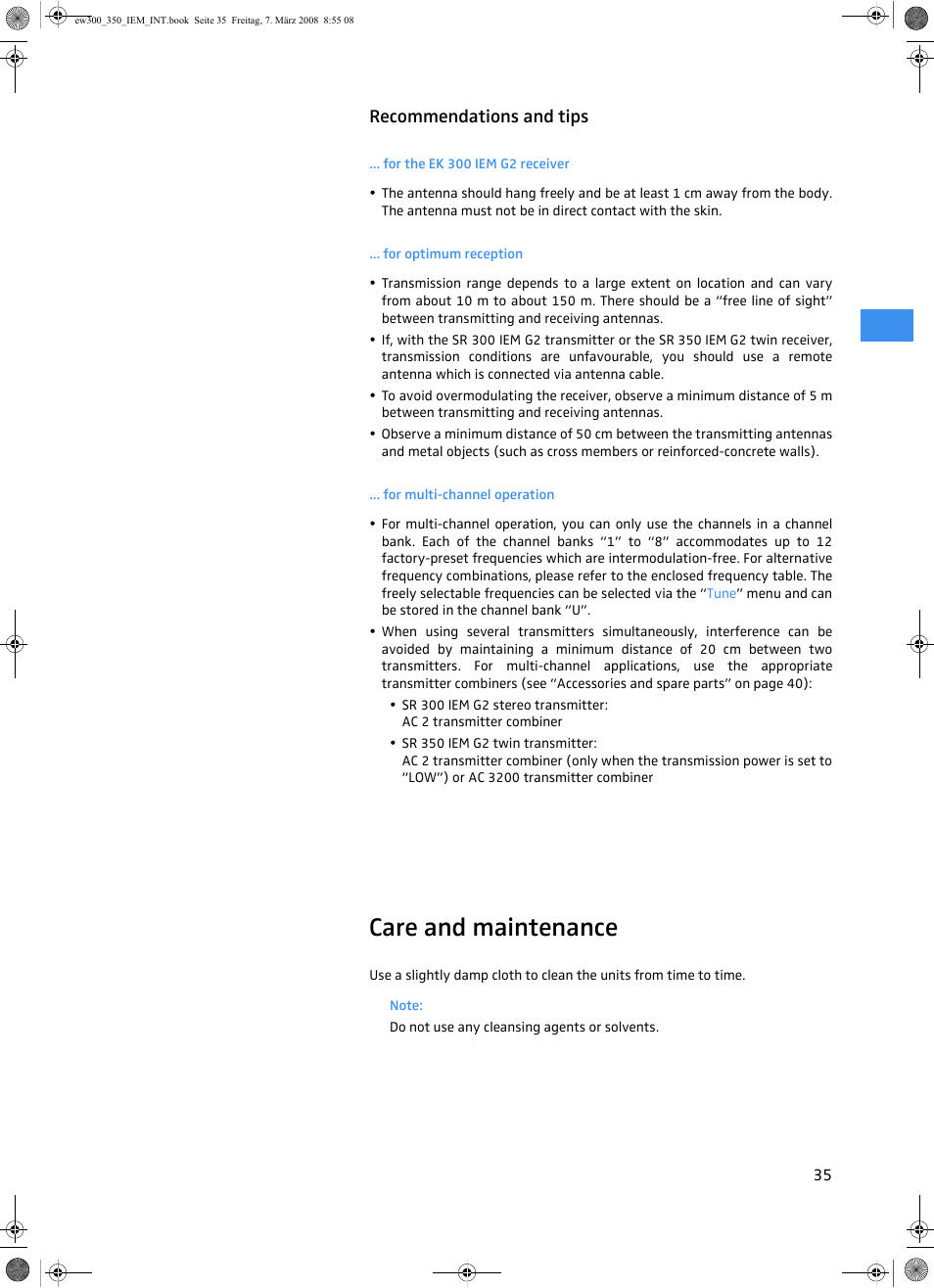 Recommendations and tips, For the ek 300 iem g2 receiver, For optimum reception | For multi-channel operation, Care and maintenance | Sennheiser W300 IEM User Manual | Page 37 / 46