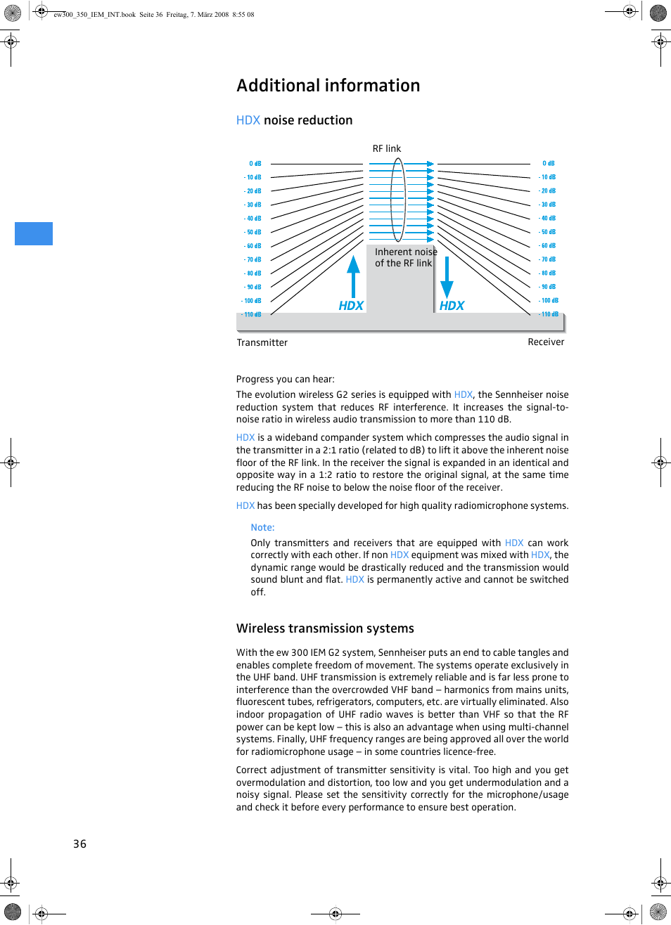 Additional information, Hdx noise reduction, Wireless transmission systems | Sennheiser W300 IEM User Manual | Page 38 / 46