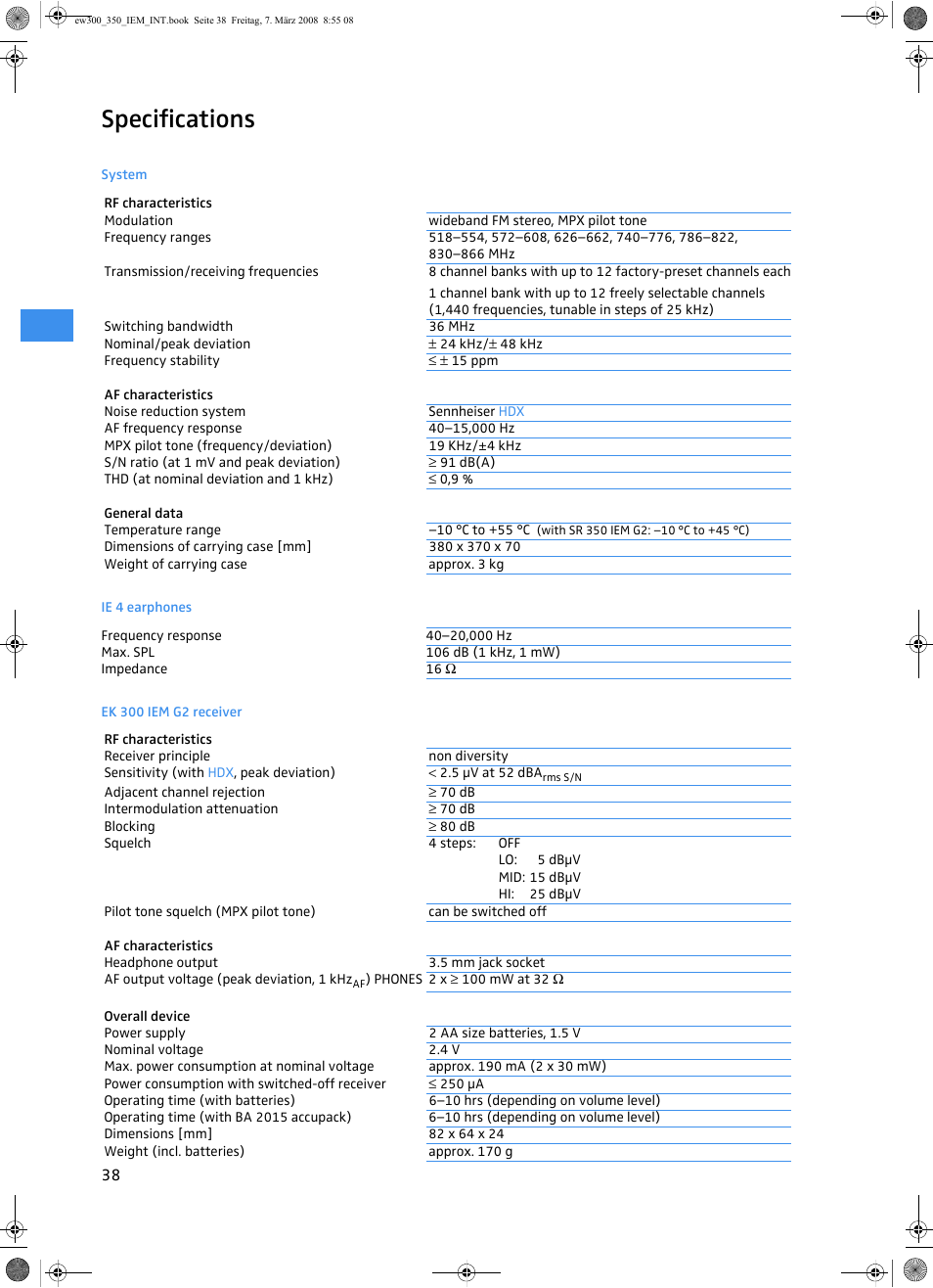 Specifications, System, Ie 4 earphones | Ek 300 iem g2 receiver | Sennheiser W300 IEM User Manual | Page 40 / 46