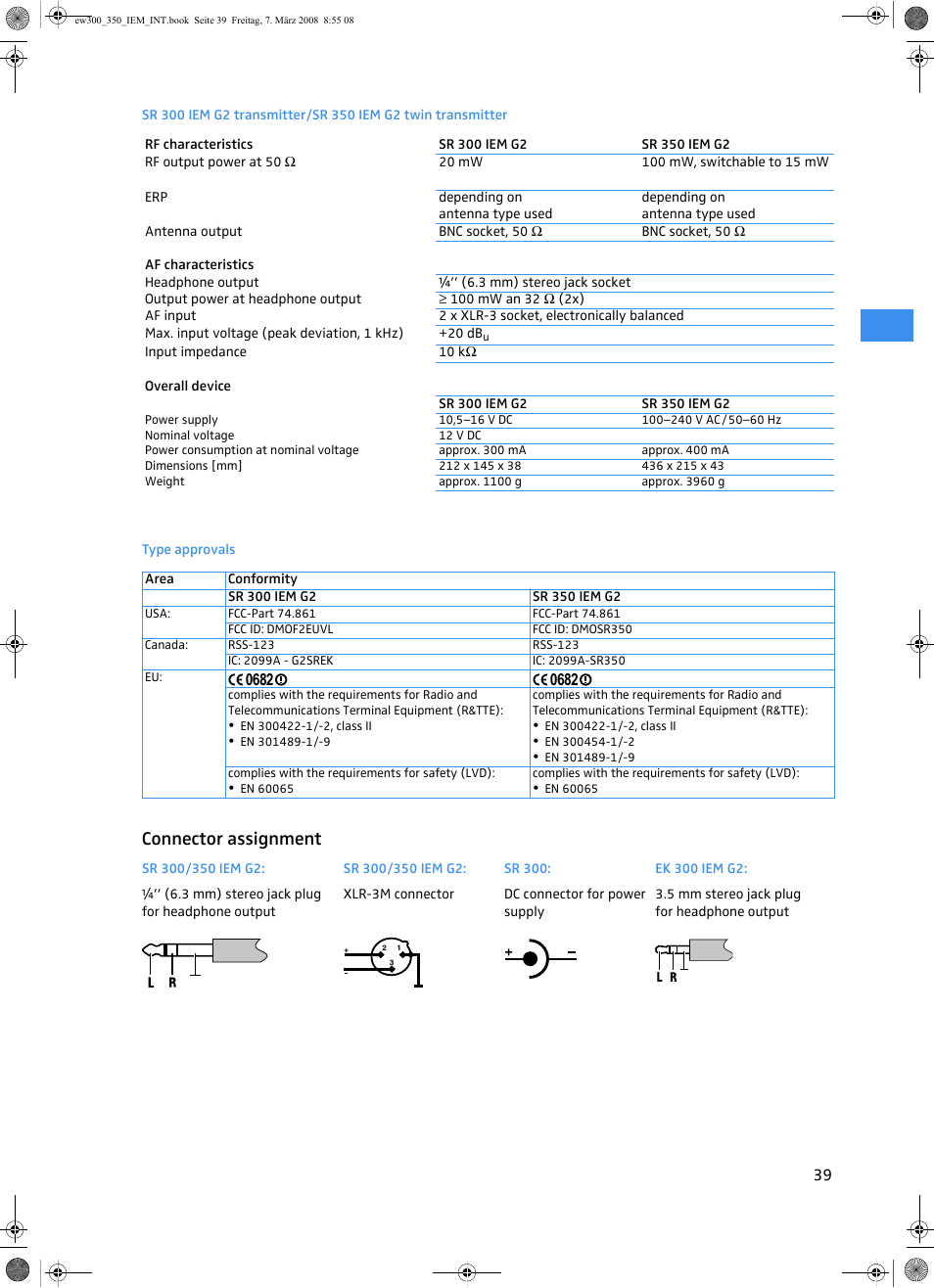 Connector assignment | Sennheiser W300 IEM User Manual | Page 41 / 46