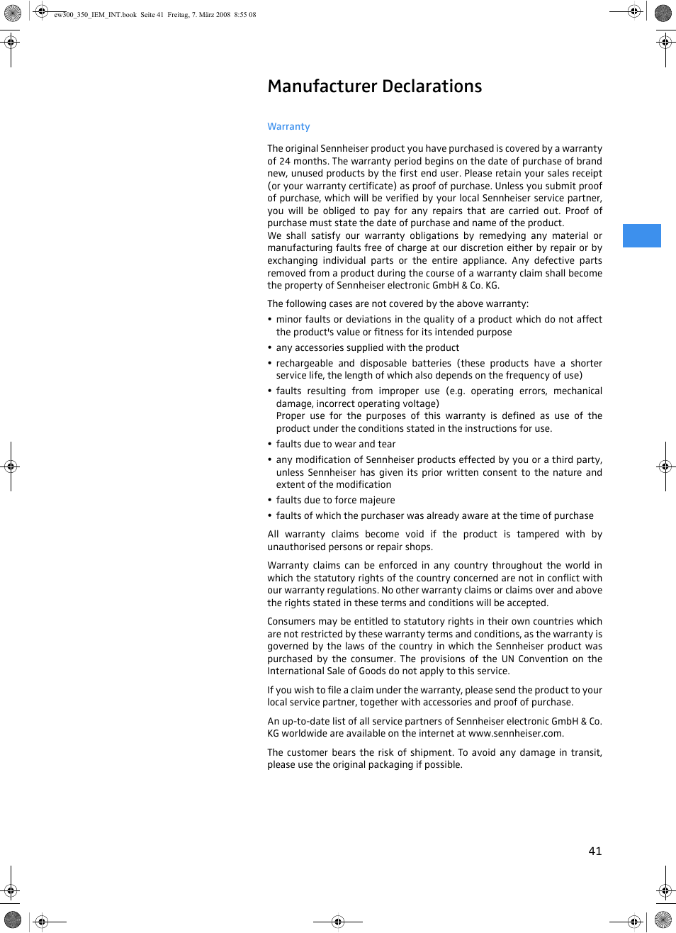 Manufacturer declarations | Sennheiser W300 IEM User Manual | Page 43 / 46