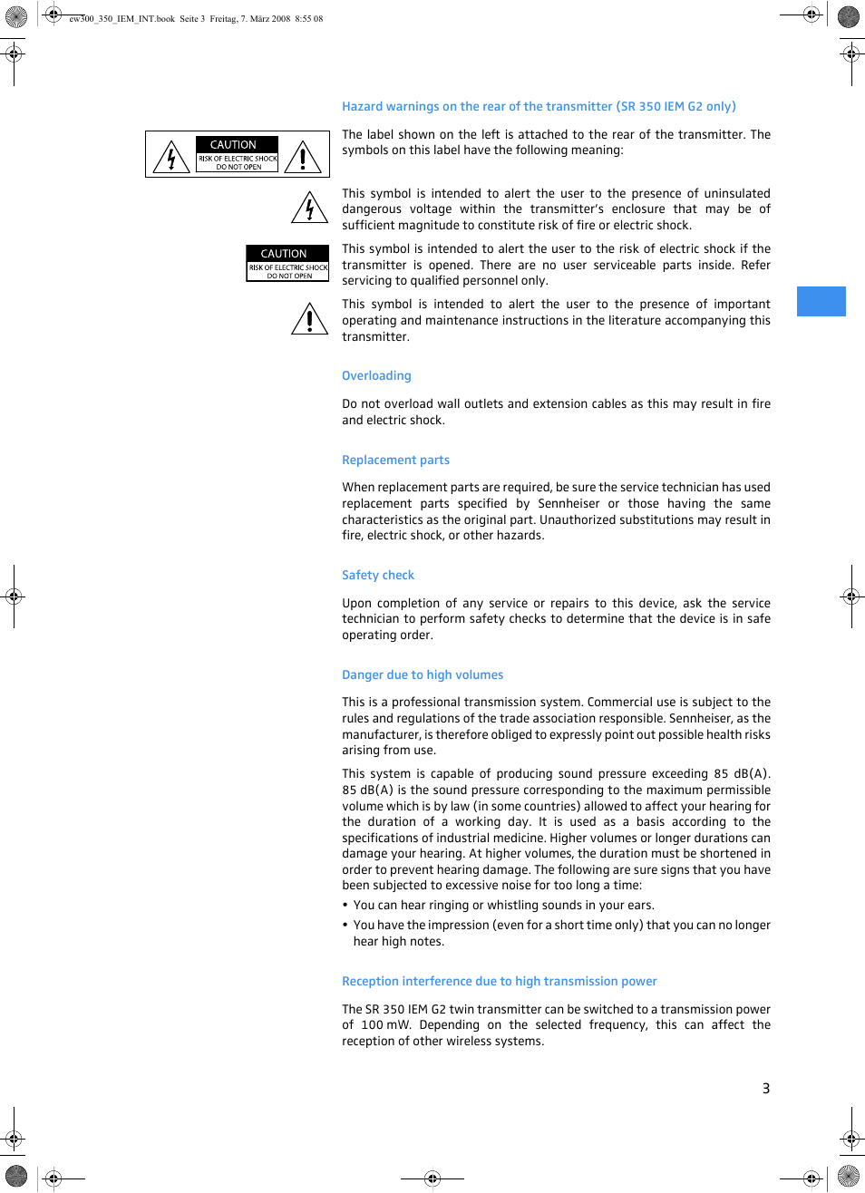 Overloading, Replacement parts, Safety check | Danger due to high volumes | Sennheiser W300 IEM User Manual | Page 5 / 46