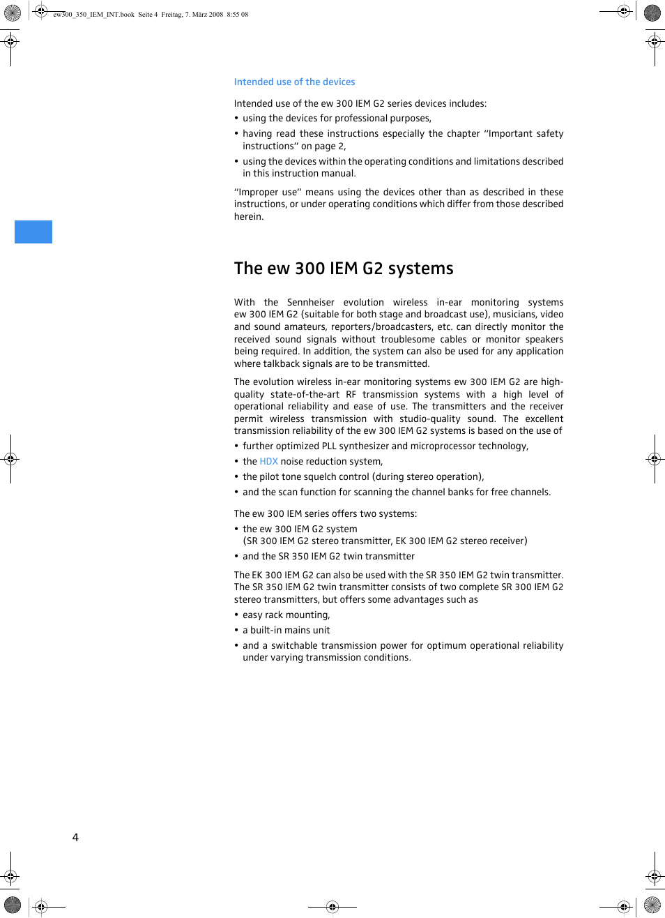 Intended use of the devices, The ew 300 iem g2 systems | Sennheiser W300 IEM User Manual | Page 6 / 46