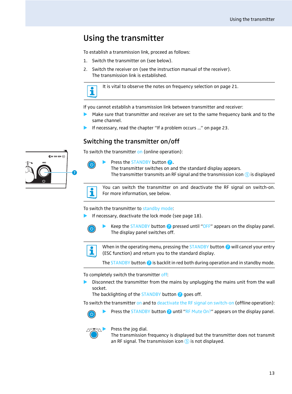 Using the transmitter, Switching the transmitter on/off | Sennheiser evolution wireless SR 300 IEM User Manual | Page 15 / 30