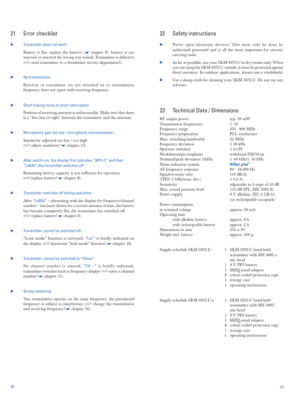 22 safety instructions, 23 technical data / dimensions, 21 error checklist | Sennheiser SKM 3072-U User Manual | Page 10 / 11