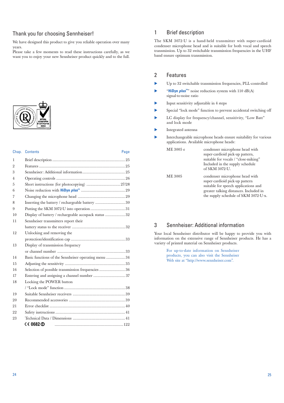 1brief description, 2features, 3sennheiser: additional information | Sennheiser SKM 3072-U User Manual | Page 2 / 11