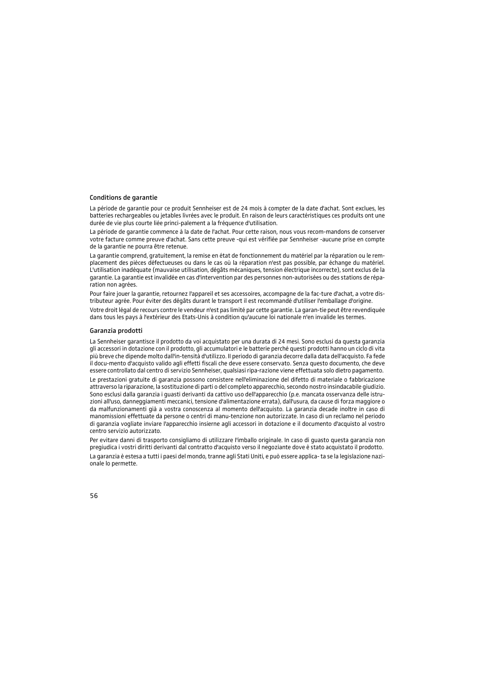 Conditions de garantie, Garanzia prodotti | Sennheiser 2015 User Manual | Page 54 / 61