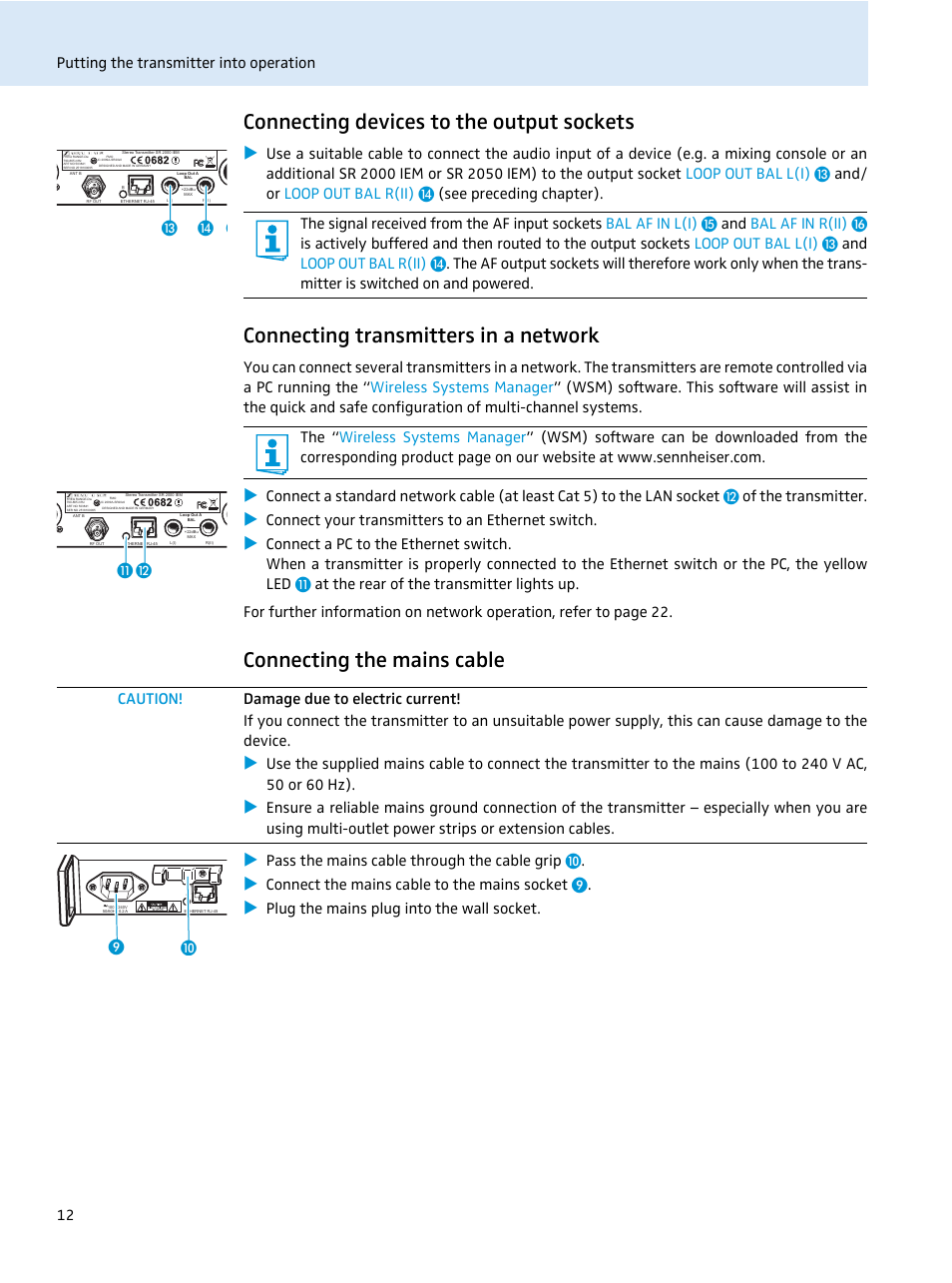 Connecting devices to the output sockets, Connecting transmitters in a network, Connecting the mains cable | Ƹ ƹ ƺ, Putting the transmitter into operation 12, Connect your transmitters to an ethernet switch, Pass the mains cable through the cable grip µ, Connect the mains cable to the mains socket, Plug the mains plug into the wall socket | Sennheiser SR 2050 IEM User Manual | Page 13 / 29
