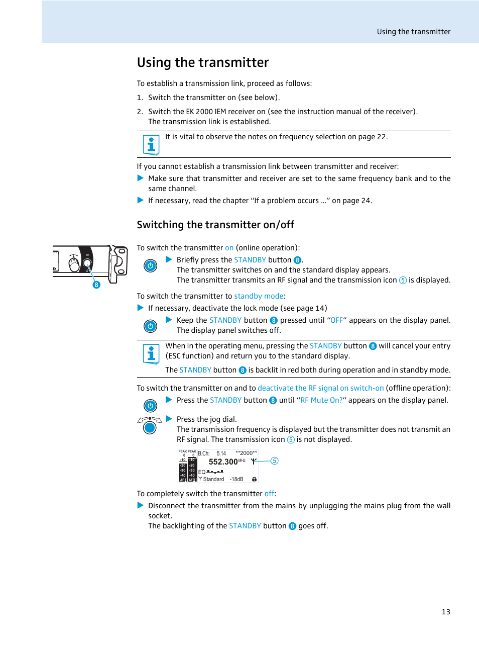 Using the transmitter, Switching the transmitter on/off | Sennheiser SR 2050 IEM User Manual | Page 14 / 29