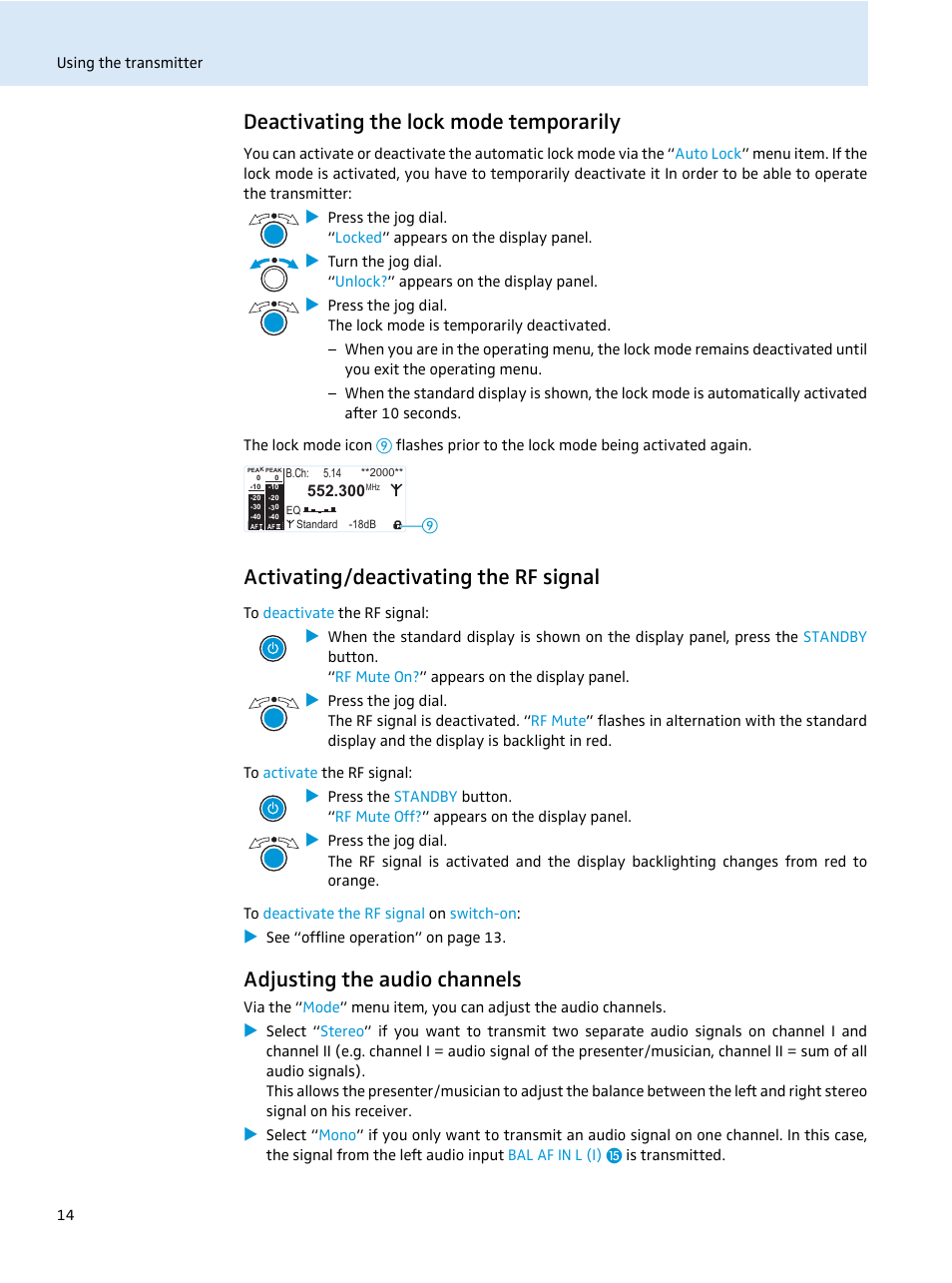 Deactivating the lock mode temporarily, Activating/deactivating the rf signal, Adjusting the audio channels | Sennheiser SR 2050 IEM User Manual | Page 15 / 29
