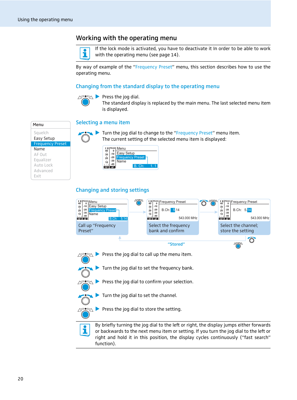 Working with the operating menu, Selecting a menu item, Changing and storing settings | Sennheiser SR 2050 IEM User Manual | Page 21 / 29