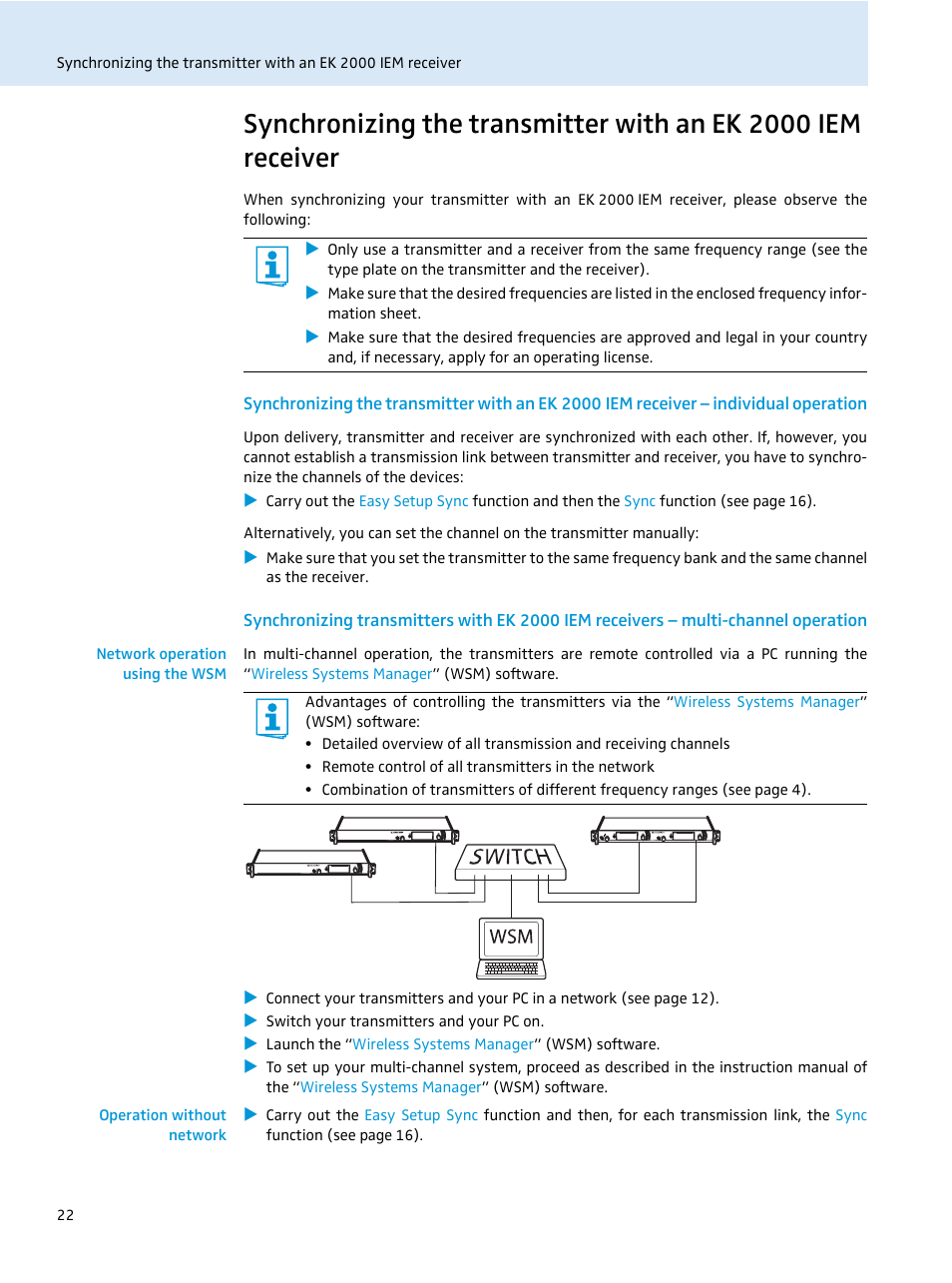 Network operation using the wsm, Operation without network | Sennheiser SR 2050 IEM User Manual | Page 23 / 29
