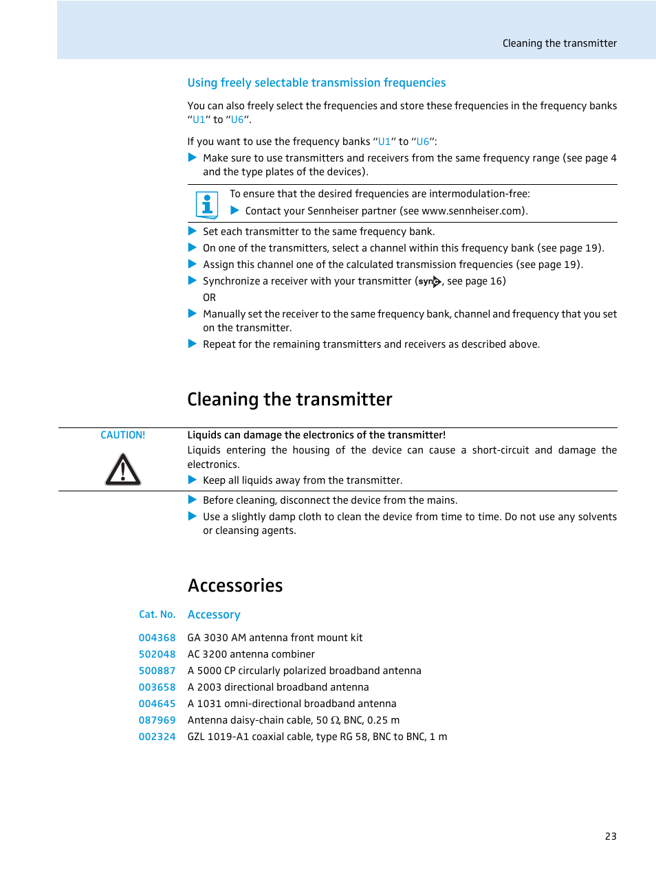 Using freely selectable transmission frequencies, Cleaning the transmitter, Accessories | Cat. no, Accessory | Sennheiser SR 2050 IEM User Manual | Page 24 / 29