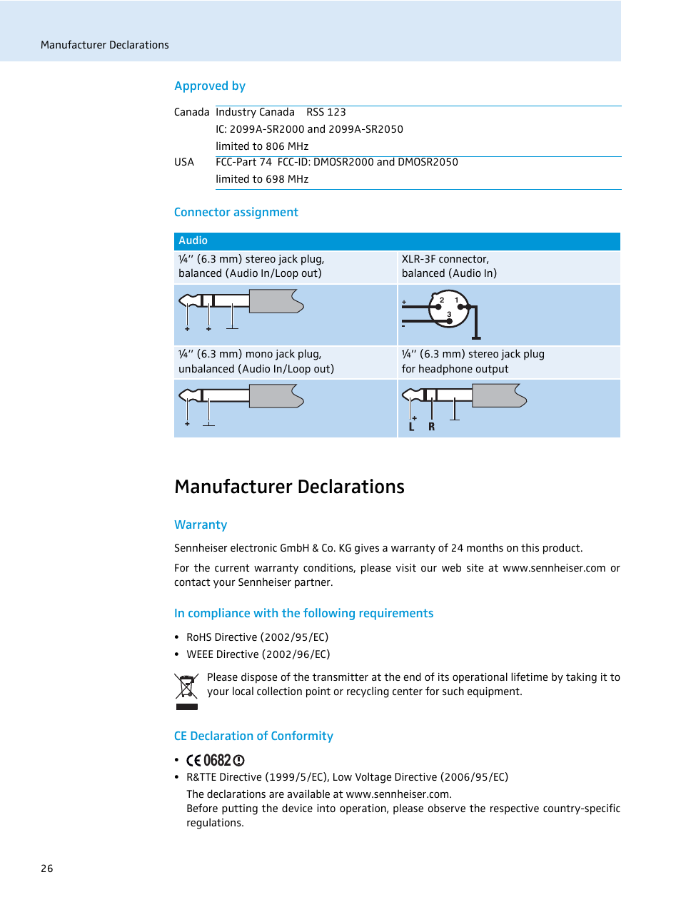 Approved by, Connector assignment, Manufacturer declarations | Warranty, In compliance with the following requirements, Ce declaration of conformity | Sennheiser SR 2050 IEM User Manual | Page 27 / 29