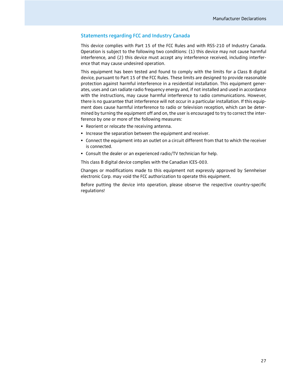 Statements regarding fcc and industry canada | Sennheiser SR 2050 IEM User Manual | Page 28 / 29