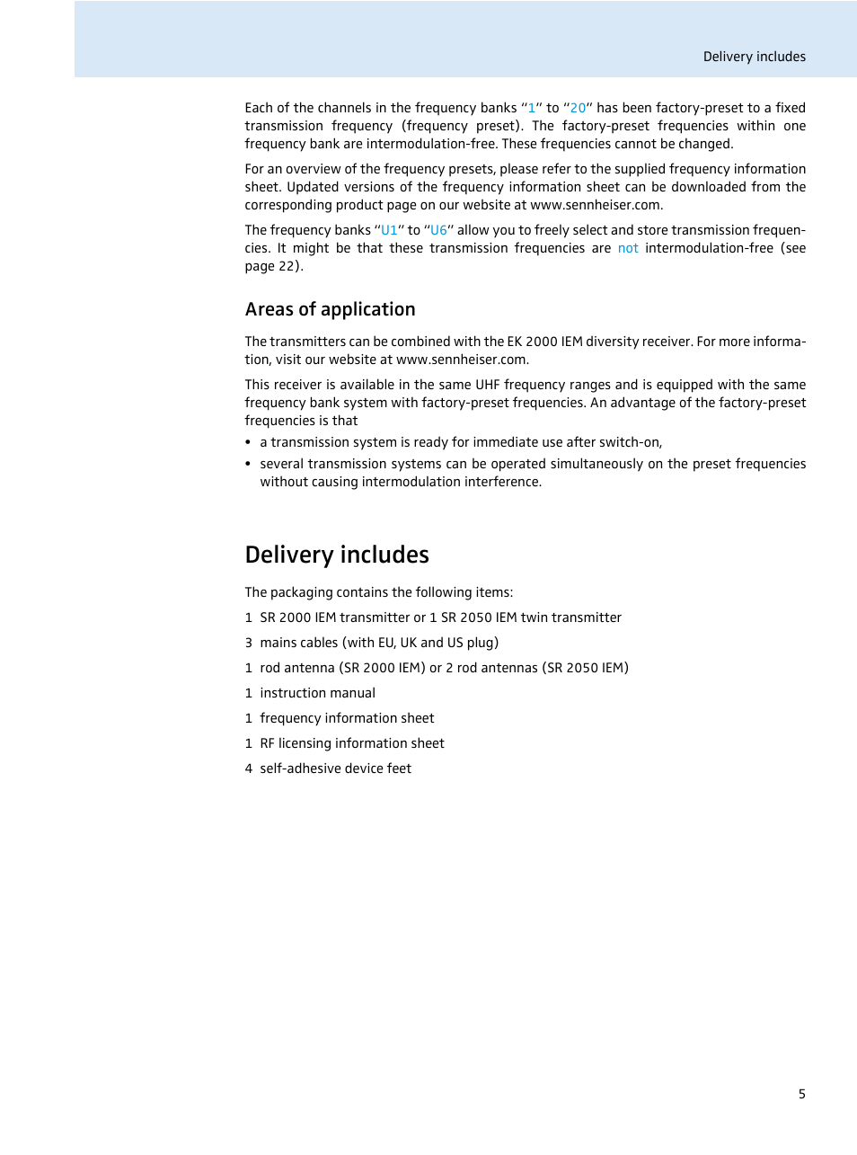 Areas of application, Delivery includes | Sennheiser SR 2050 IEM User Manual | Page 6 / 29