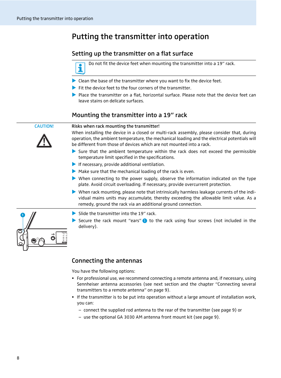 Putting the transmitter into operation, Setting up the transmitter on a flat surface, Mounting the transmitter into a 19” rack | Connecting the antennas | Sennheiser SR 2050 IEM User Manual | Page 9 / 29