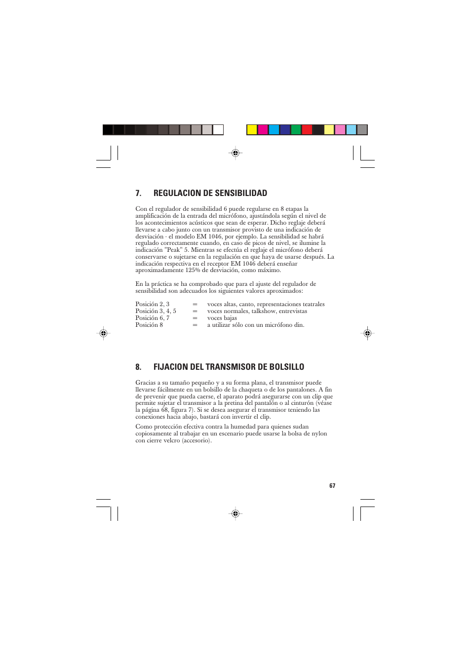 Regulacion de sensibilidad, Fijacion del transmisor de bolsillo | Sennheiser SK 250 User Manual | Page 10 / 20