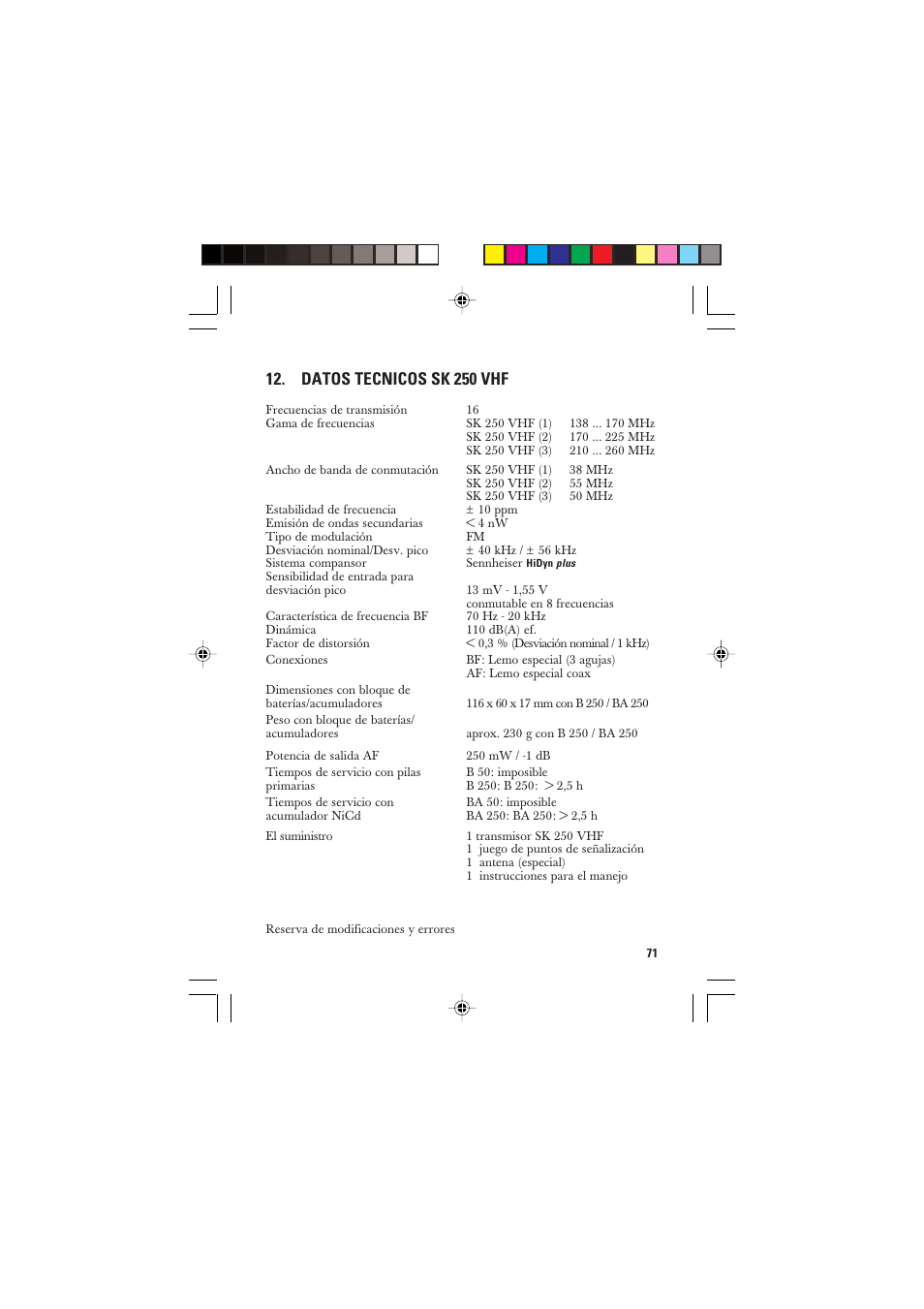 Datos tecnicos sk 250 vhf | Sennheiser SK 250 User Manual | Page 14 / 20