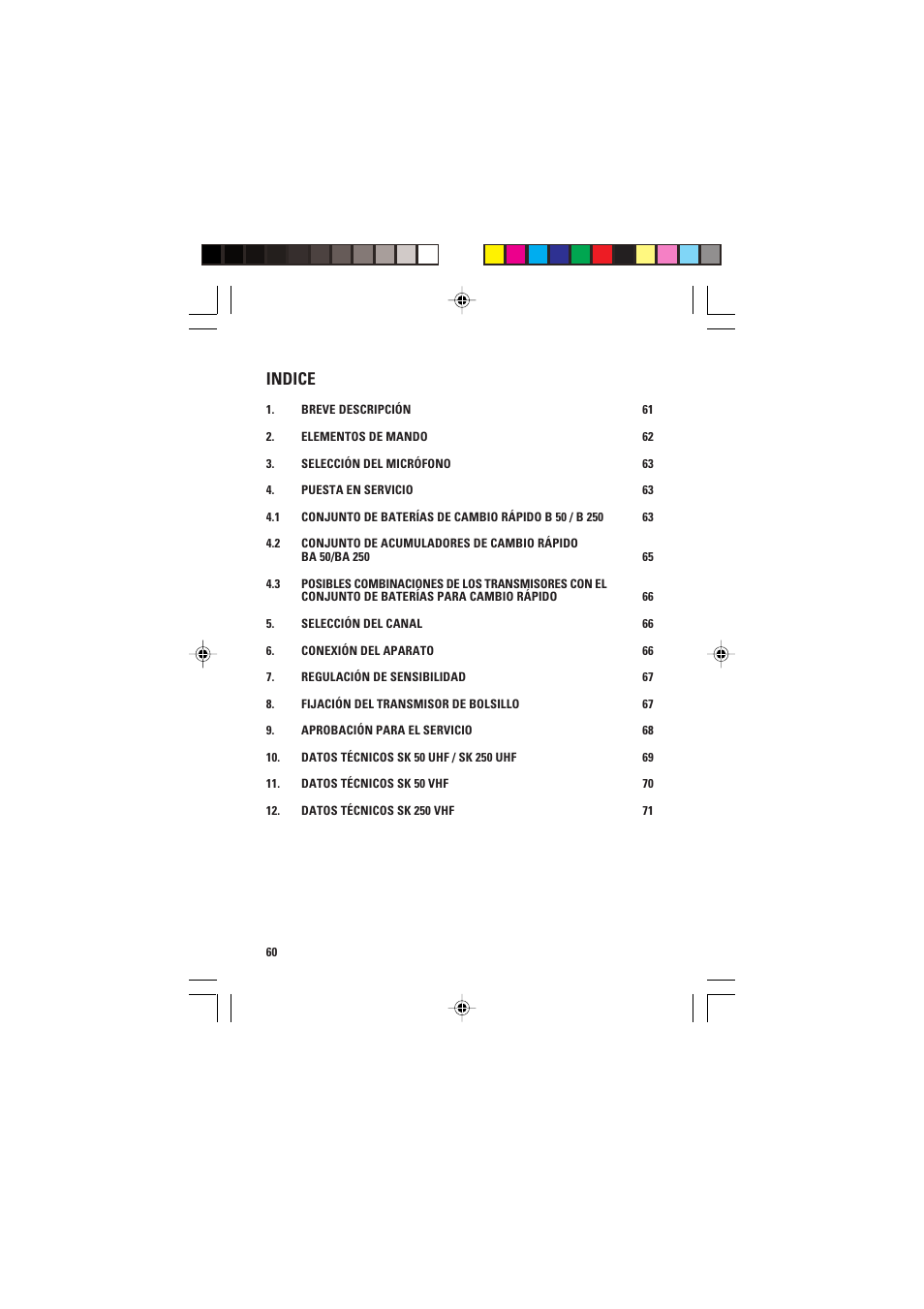 Indice | Sennheiser SK 250 User Manual | Page 3 / 20