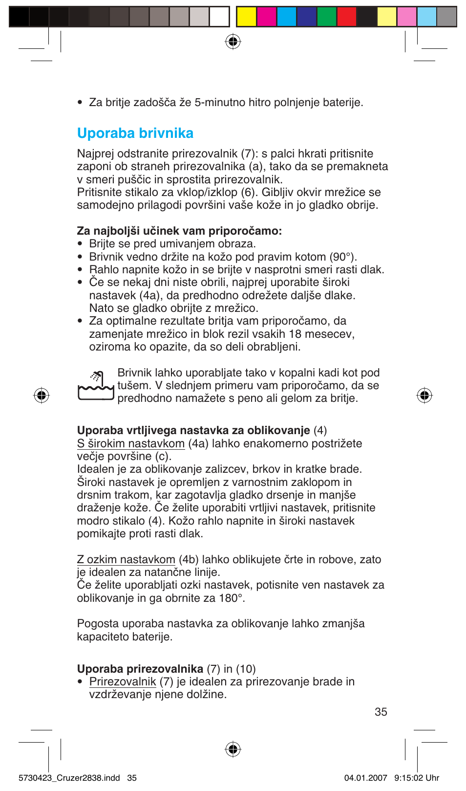 Uporaba brivnika | Braun 2838 User Manual | Page 35 / 67