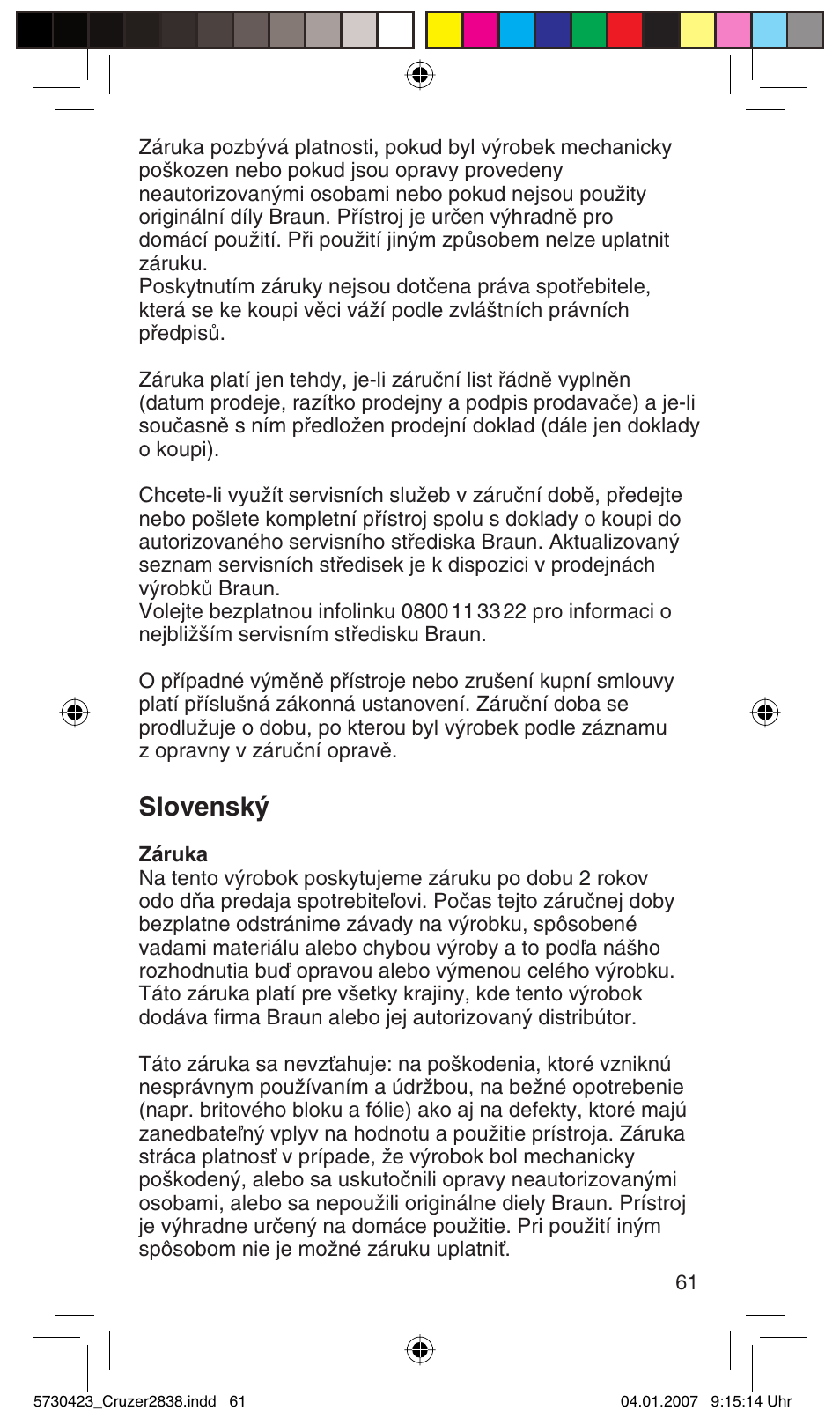 Slovensk | Braun 2838 User Manual | Page 61 / 67