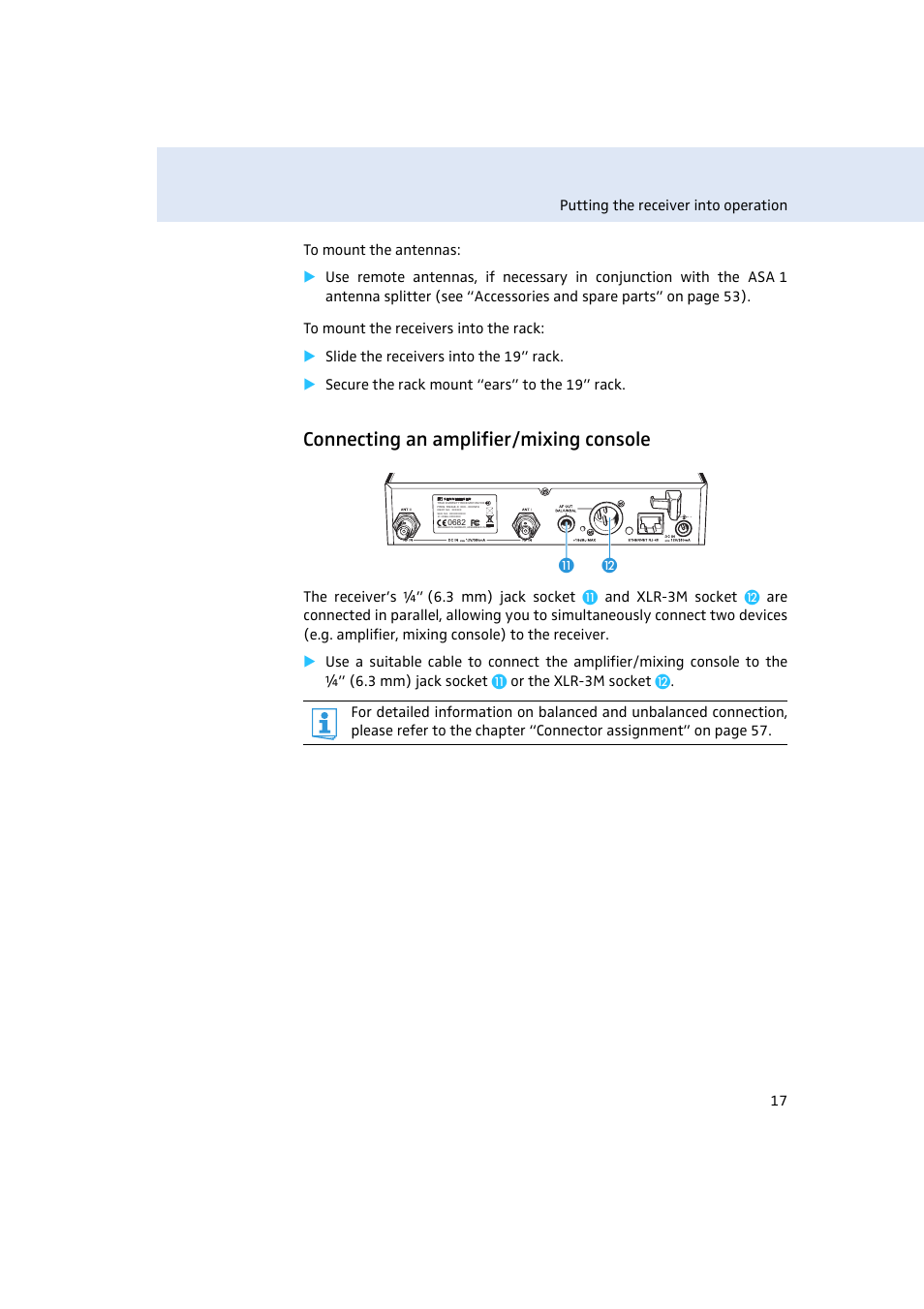 Connecting an amplifier/mixing console | Sennheiser EM500 User Manual | Page 18 / 64