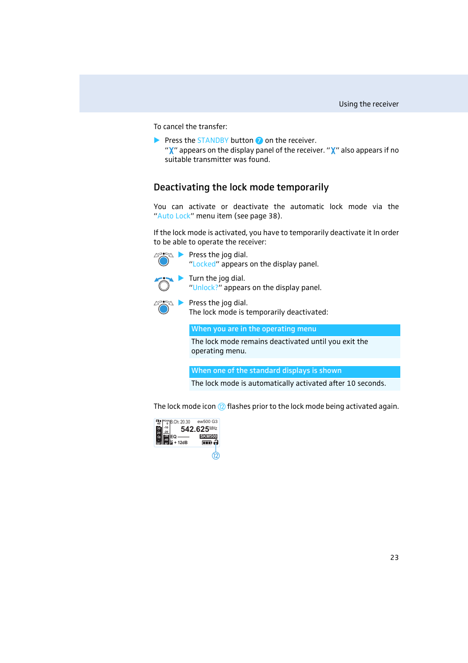 Deactivating the lock mode temporarily | Sennheiser EM500 User Manual | Page 24 / 64