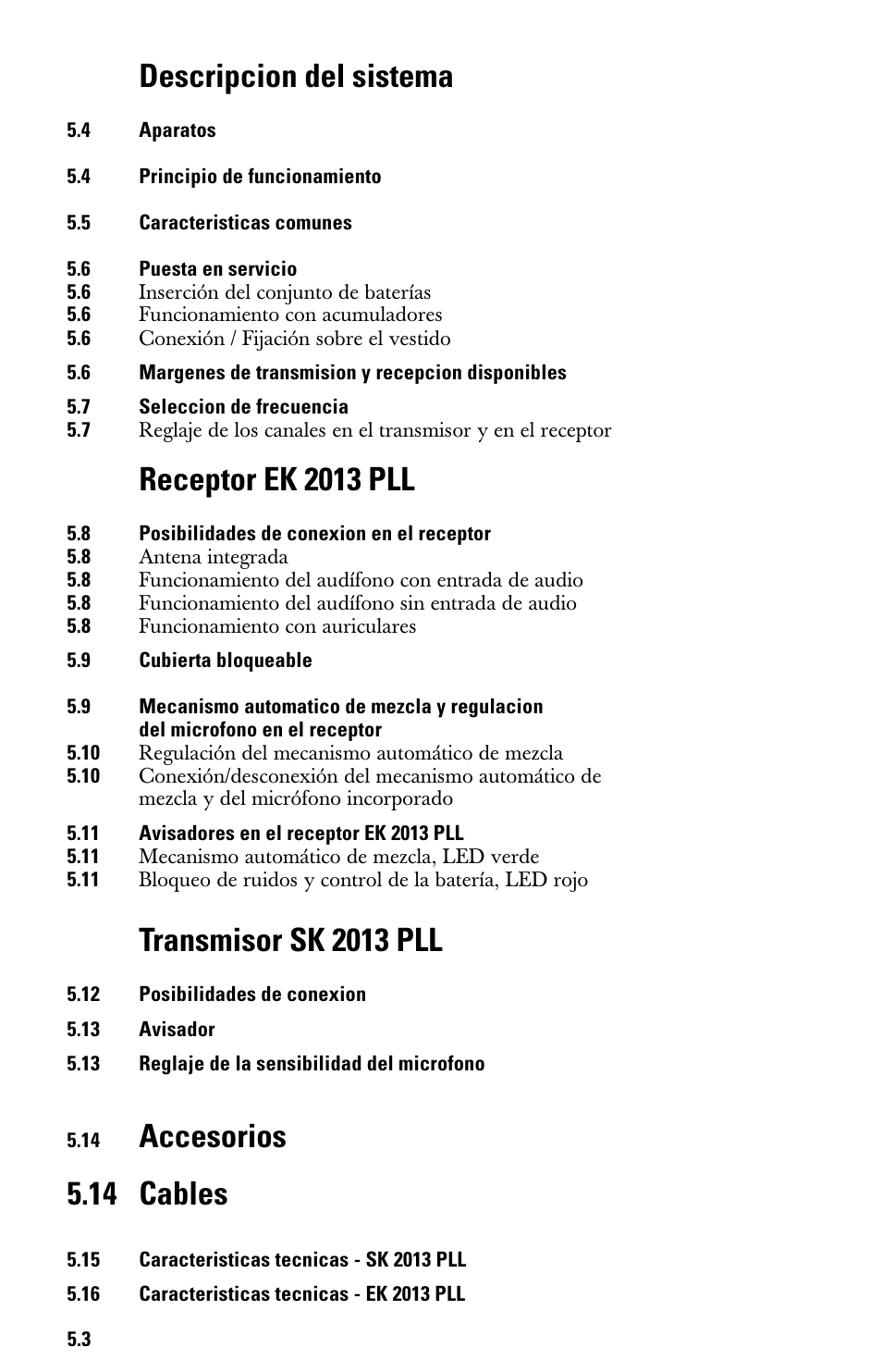 Descripcion del sistema, Receptor ek 2013 pll, Transmisor sk 2013 pll | Accesorios 5.14 cables | Sennheiser System 2013 PLL User Manual | Page 55 / 69